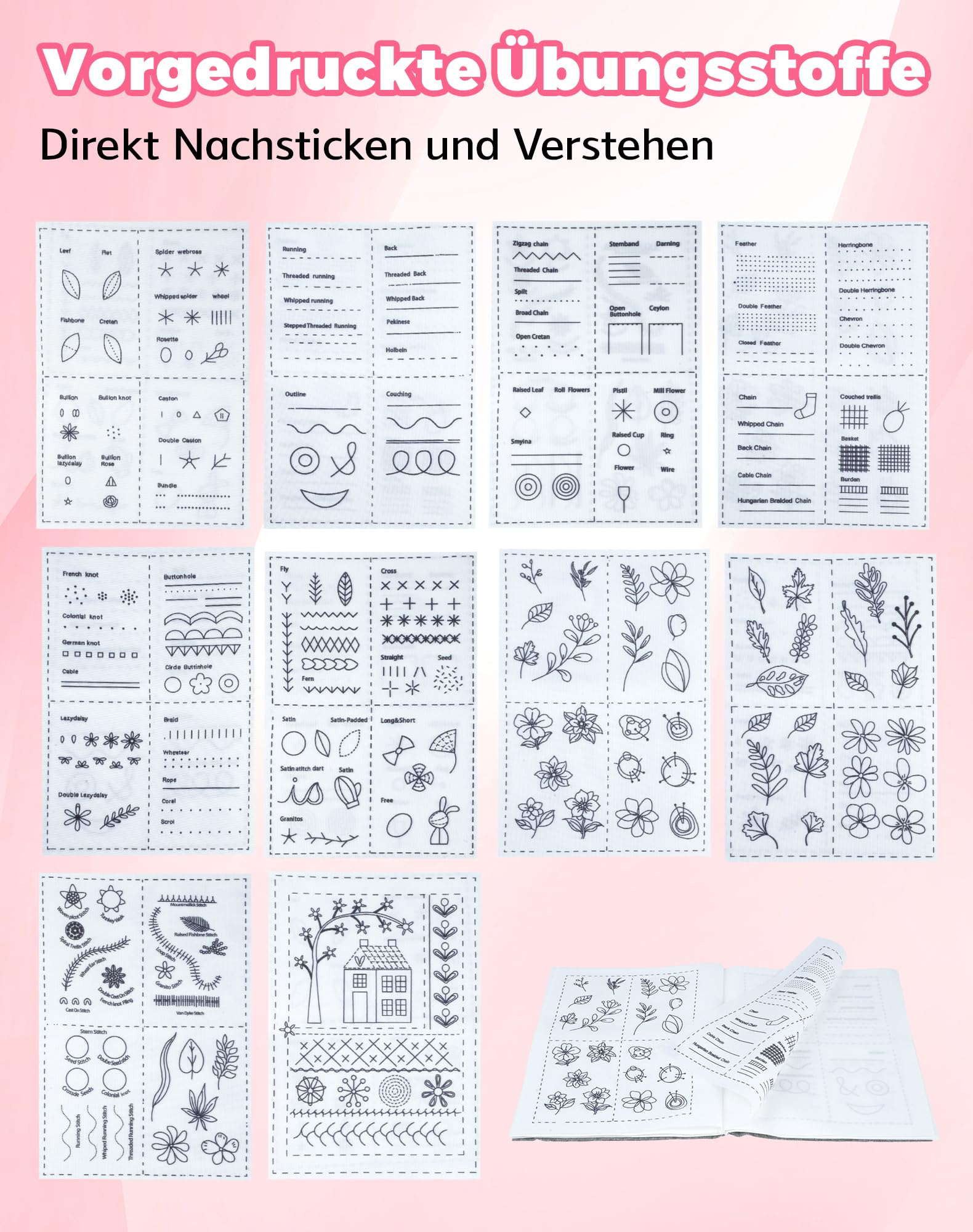 Stickbuch mit Stickstichen Komplettes DIY Stickbuch zum selber Sticken Stickset für Anfänger Erwachsene inkl. Garn Nadeln Übungsstoff, Systematisches Lernset Stickset Buch Stichbuch Embroidery Book