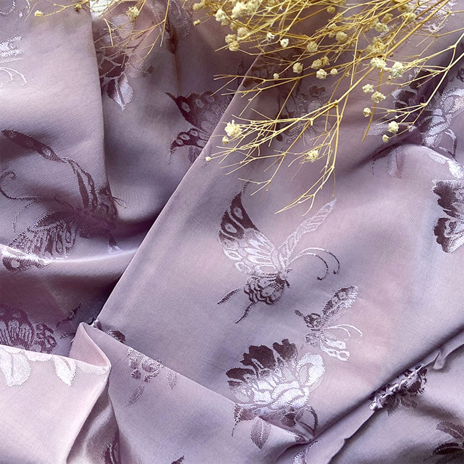 Brokatowa satynowa tkanina kwiatowa do samodzielnego szycia, wzór motyla Dream Purple na koszulę Cheongsam Faux Fabric 150X50cm