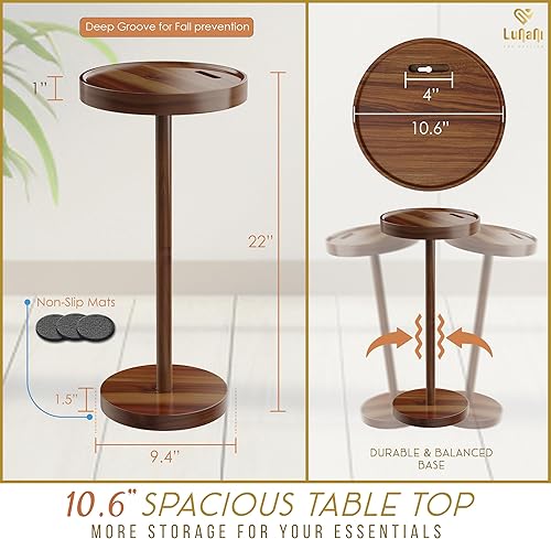 Miniatura 2 de Mesa para bebidas de 24 pulgadas, mesa auxiliar redonda pequeña con pedestal con soporte para teléfono y 2 posavasos, mesa auxiliar de madera