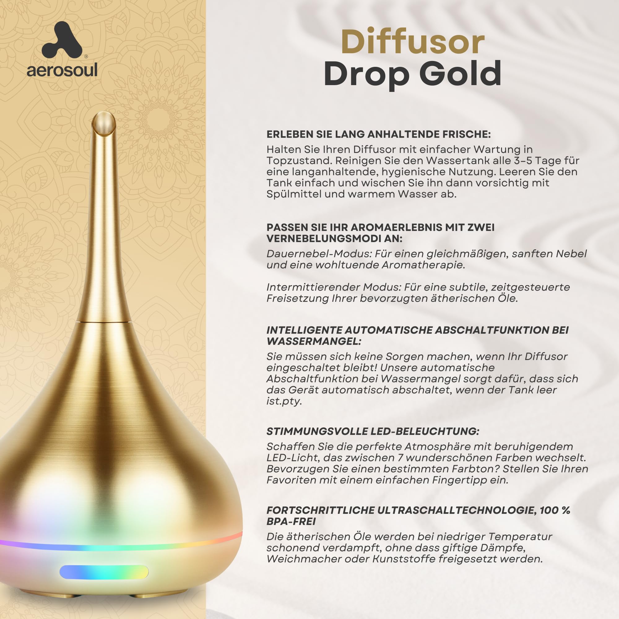 Aerosoul® Drop Aroma Diffuser 100ml Duftöl Diffuser 6h Nebel 7 LED, Gold