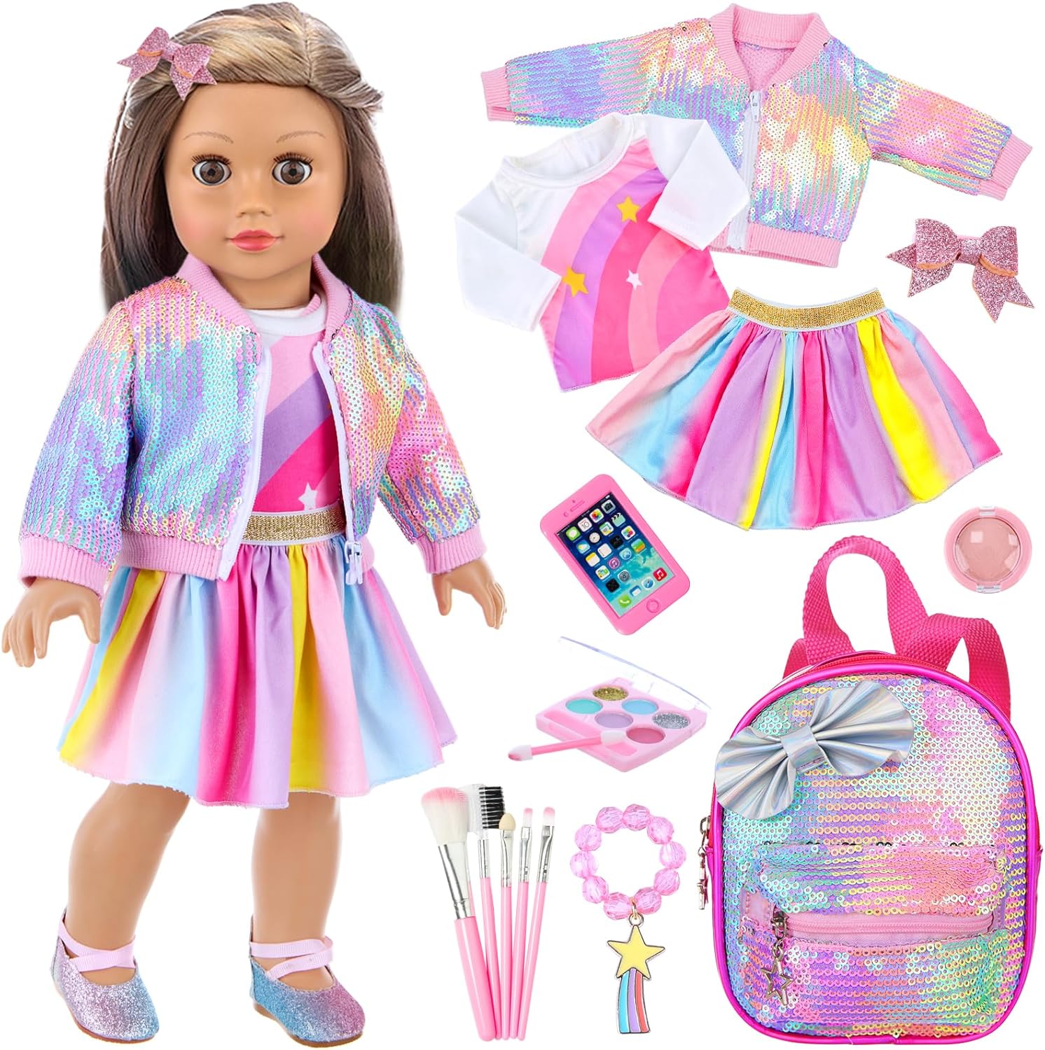UNICORN ELEMENT American 18 Inch Doll Makeup Accessories and Clothes,Sequin Backpack Set for 18″ Dolls Include Skirt Bracelet Hair Clip Phone and Makeup Sets（No Doll and Shoes
