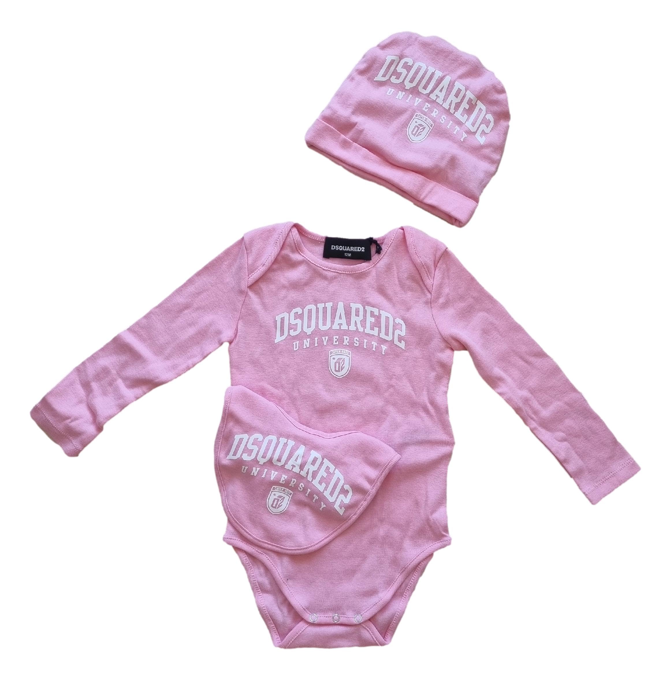 Dsquared DQ2516 - Conjunto de regalo para bebé o niña, manga larga, algodón, babero y gorro