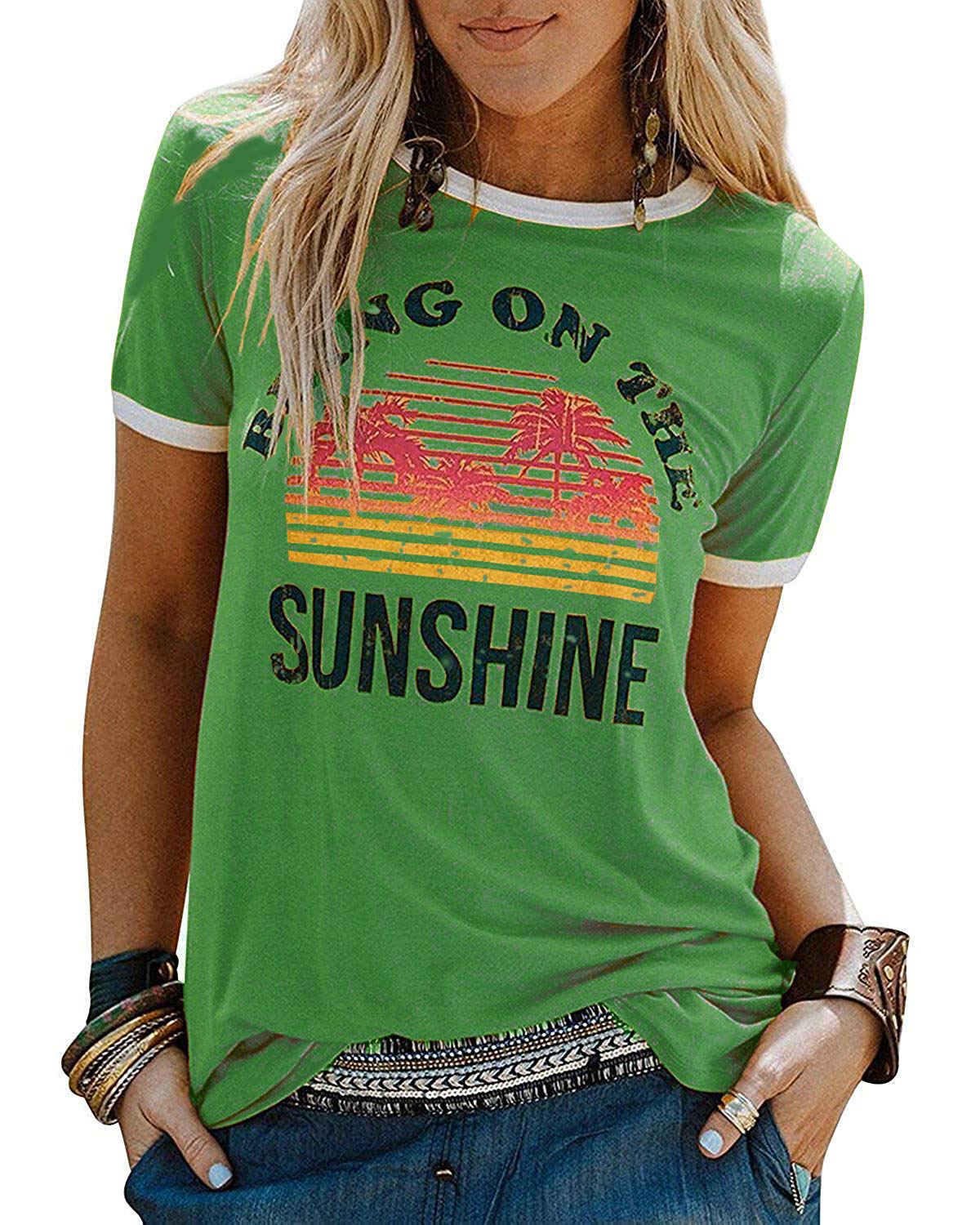 YEXIPO Womens Bring On The Sunshine T-Shirt Graphic Tees Letter Printed Loose Casual Summer Funny Tops
