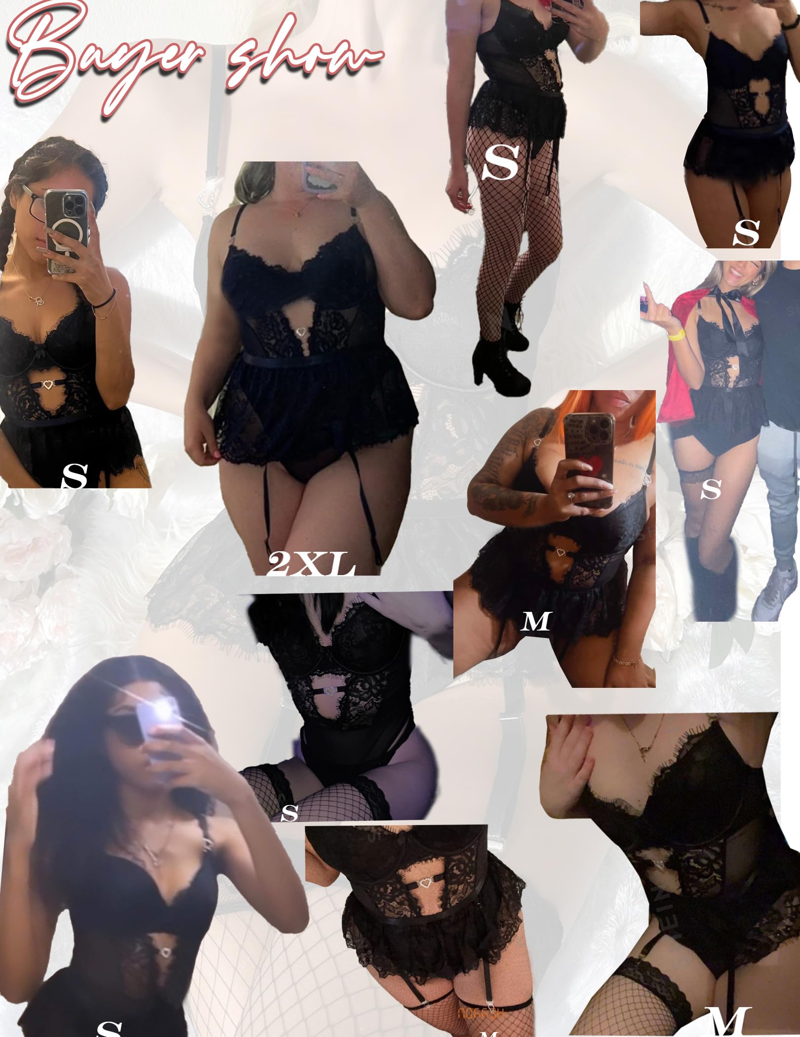 Alrovetoney Women Lingerie Set Naughty Lace Bodysuit High Waisted Underwire Lingerie Babydoll With Garter Belt and Stockings: Large Black