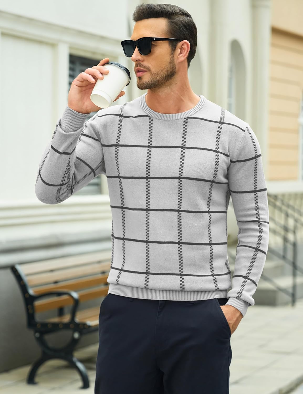MAGCOMSEN Men's Crewneck Sweaters Cotton Lightweight Plaid Pullover Sweater Warm Casual Fall Winter Sweatshirts - Image 3