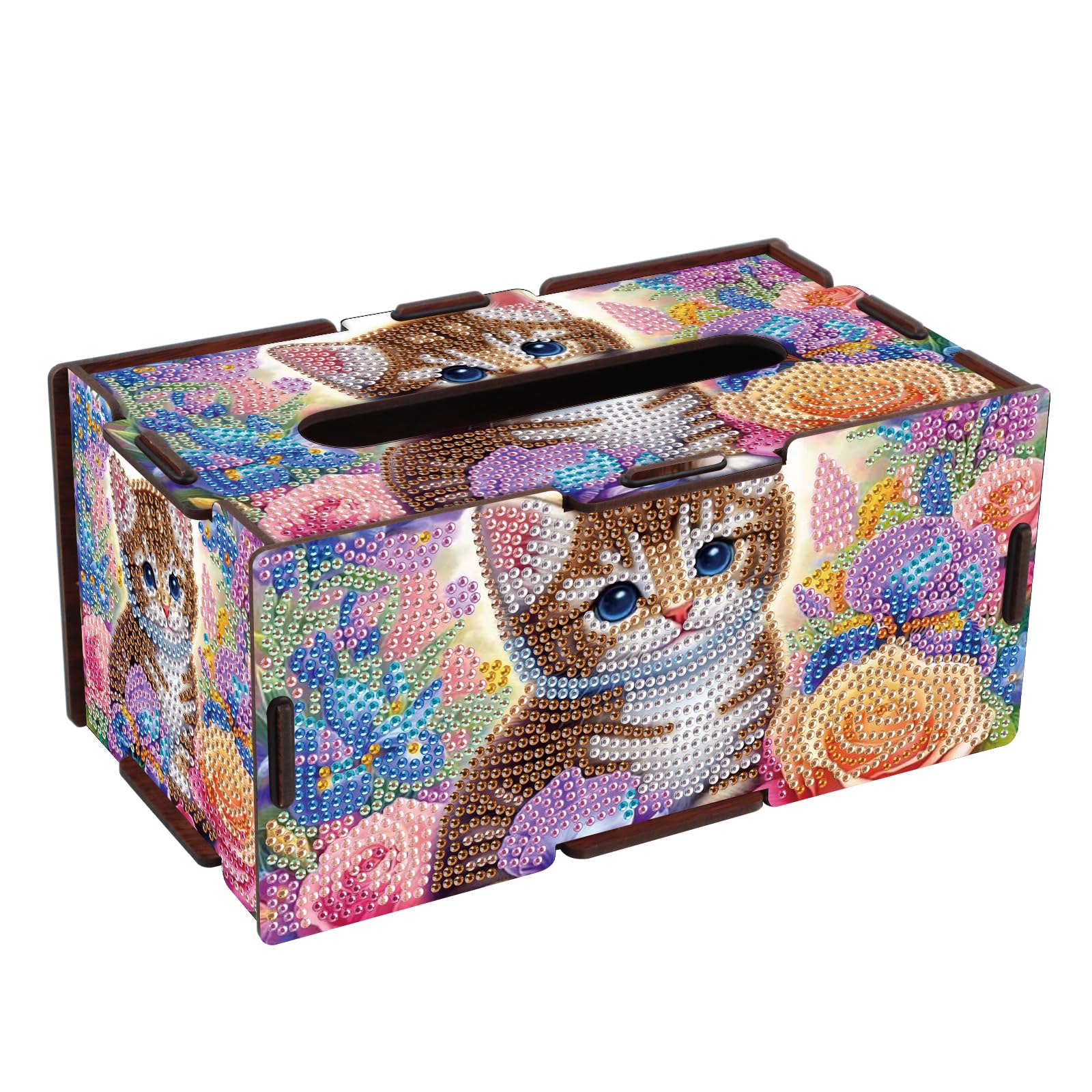 DIY Diamond Painting Tissue Box, Cat Design Diamond Art Wooden Rhinestone Napkin Holder, Floral Tabletop Crystal Rhinestones Art Box for Home Organizer &amp; Table Decor