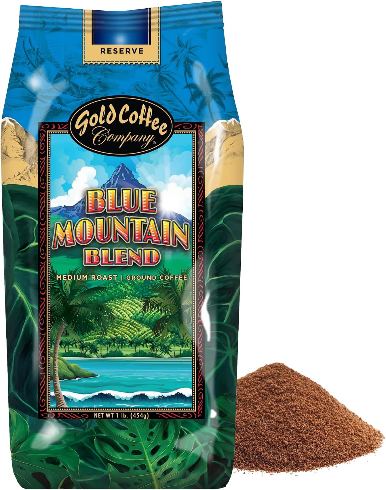 Gold Coffee Co. Blue Mountain Premium Blend - Medium Roast, Finely Ground 100% Arabica Coffee - Notes of Cocoa, Sweet Honey, Citrus Notes, 1 lb.