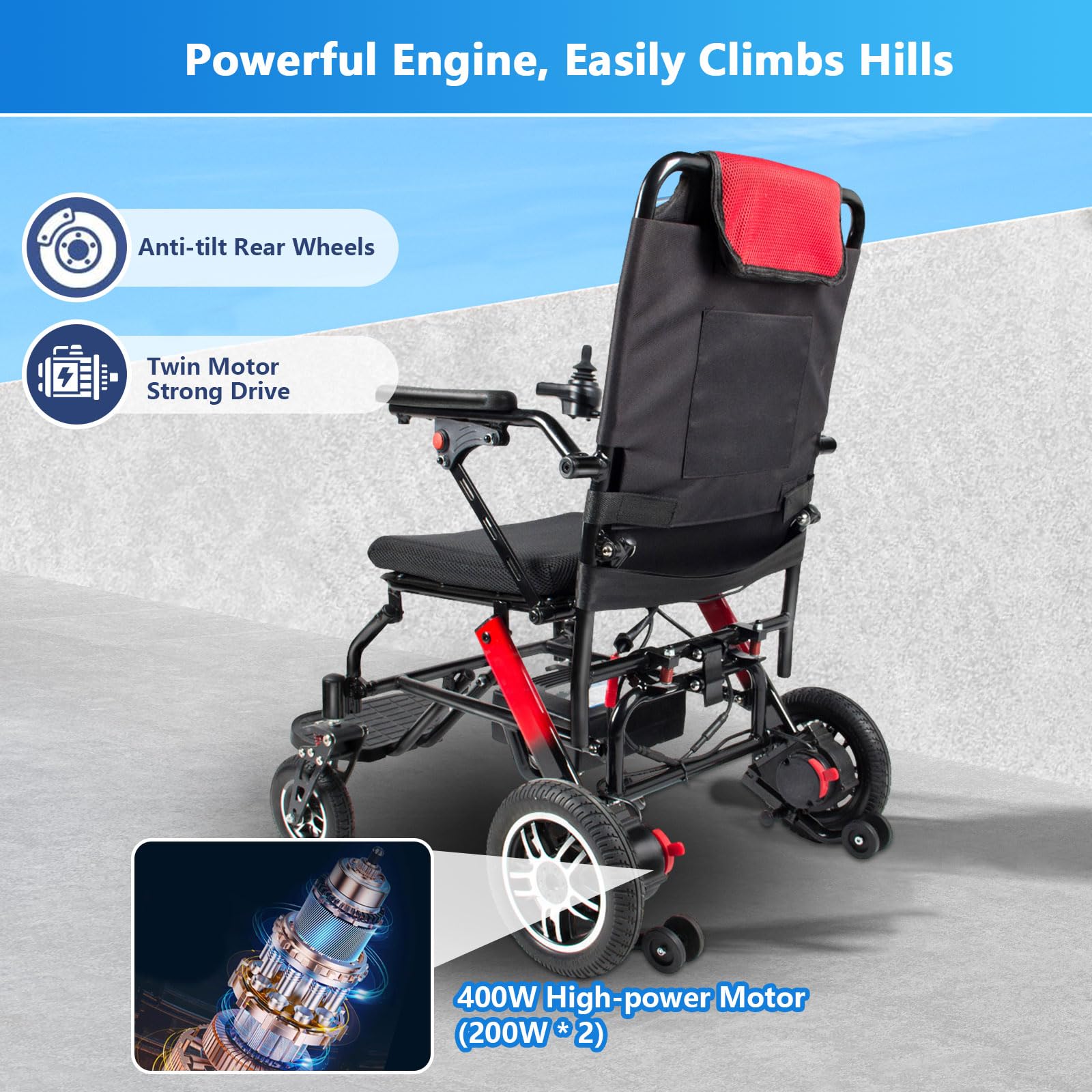 Silla de ruedas eléctrica plegable ligera 19,8 kg 20 km silla de ruedas eléctrica para personas mayores con motores dobles de 400 W, batería de litio extraíble de 24 V y 12 Ah, velocidad ajustable de