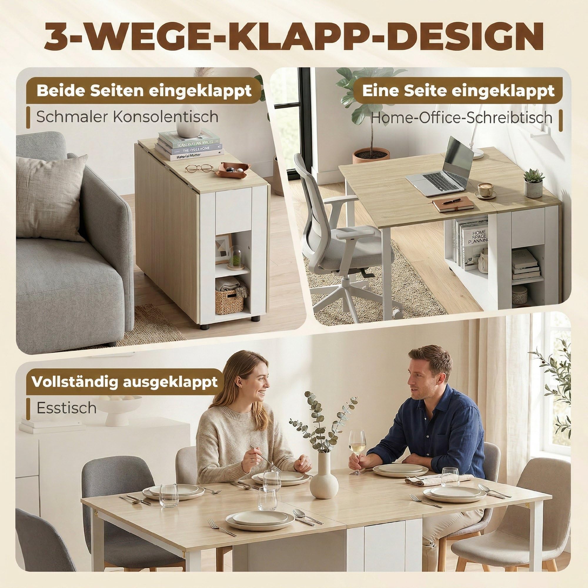 HOMCOM Esstisch Klappbar mit 2 Schubladen 168,2 x 85 x 73 cm Natur/Weiß | Küchentisch, 4 Ablagen, Bis zu 6 Personen, Moderner Klapptisch, Holzbeine, Esszimmertisch, Esszimmer, Küche