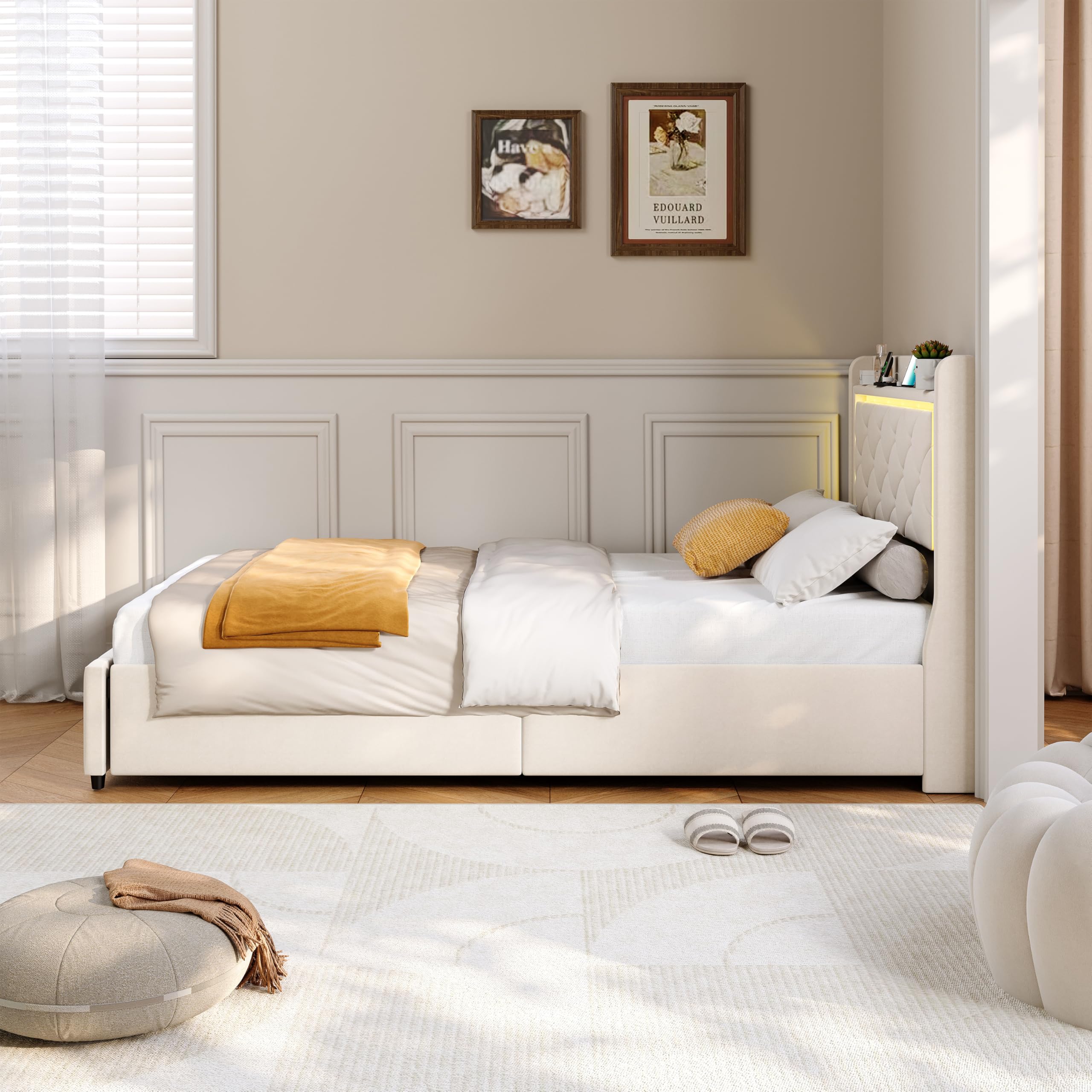 Letto imbottito 90 x 200 cm, letto imbottito con 2 cassetti,Letto LED con funzione di ricarica USB, schienale con spazio di archiviazione letto singolo con rete a doghe, letti per adolescenti (beige