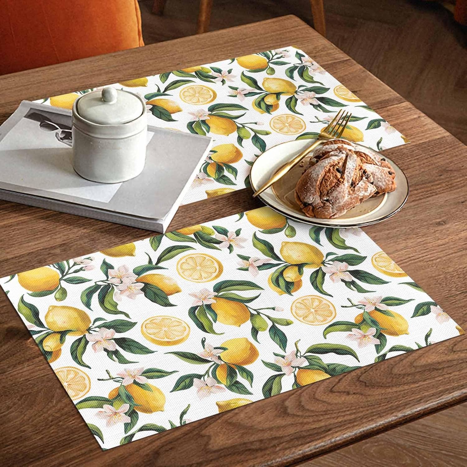 Summer Lemon Placemats Set of 12 Flowers and Leaves Non Slip Washable Table Mats Set Modern Watercolor Style Table Placemats for Kitchen Dining Table Wedding Holiday Party Decoration