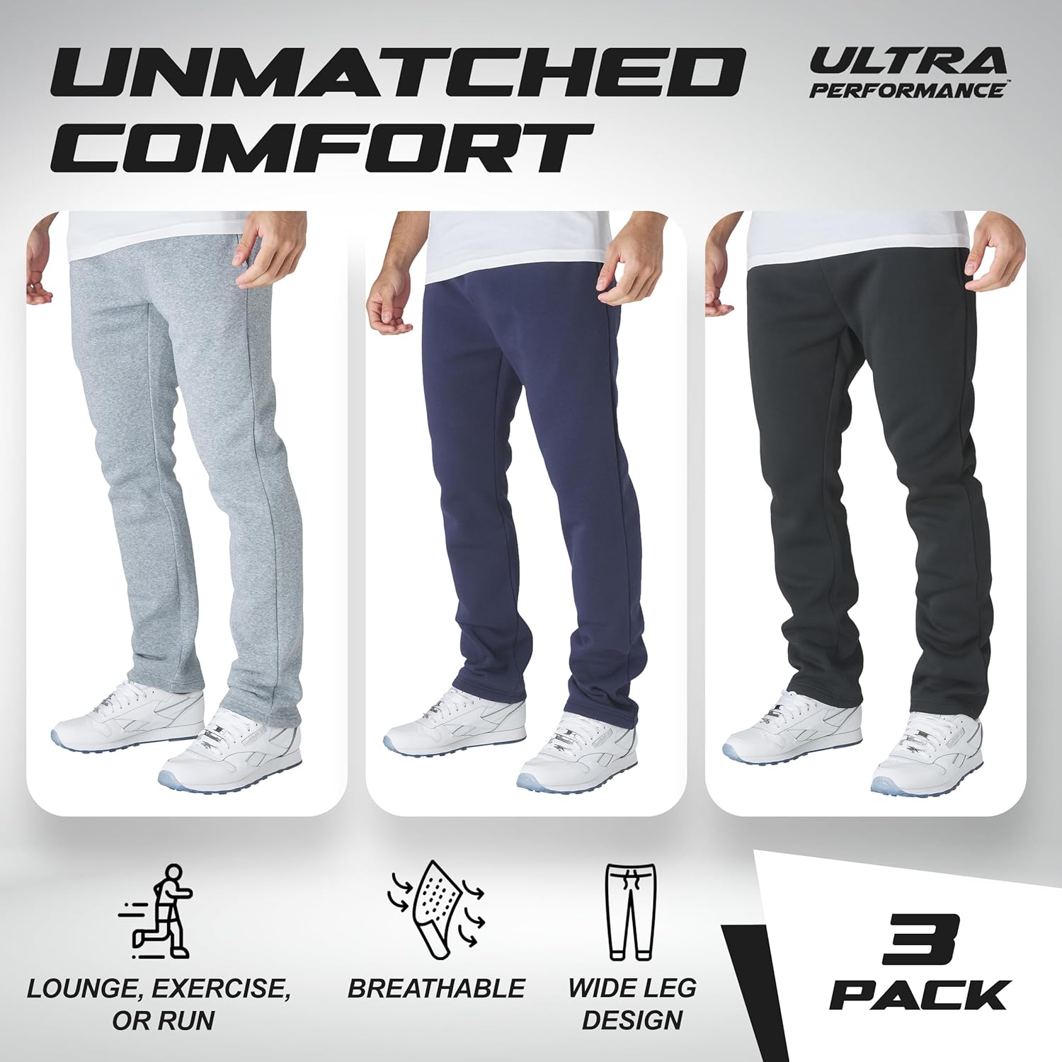 Ultra Performance 3 Pack Mens Fleece Wide Leg Sweatpants with Pockets, Open Bottom Workout Sweatpants for Men - Image 5