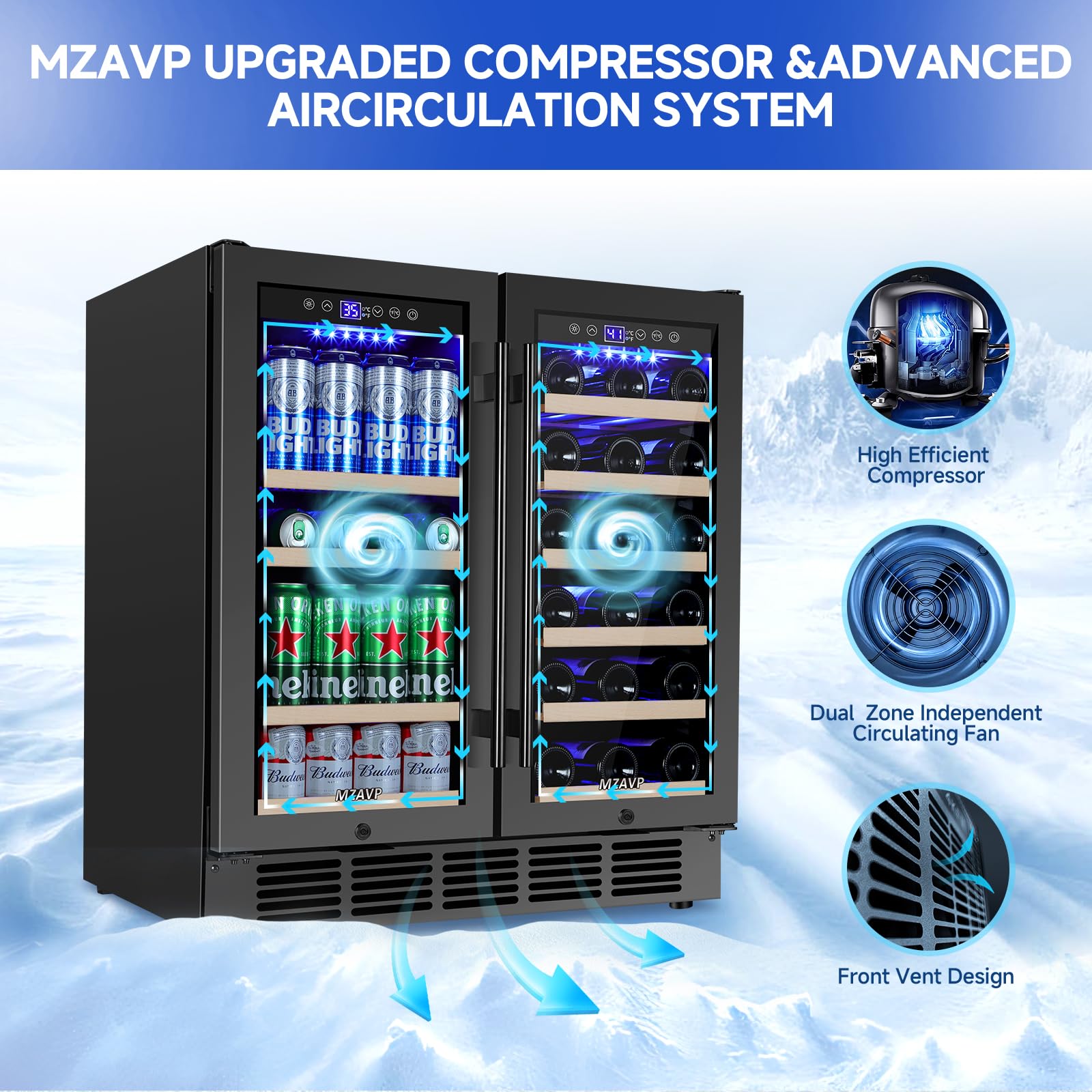 MZAVP 30 Inch Wine and Beverage Refrigerator, Dual Zone Wine Beverage Cooler, 30" Wine Cooler Under Counter or Freestanding Wine Beer Fridge with Upgraded Cooling, Holds 30 Bottles and 110 Cans, Black on Fridge.com
