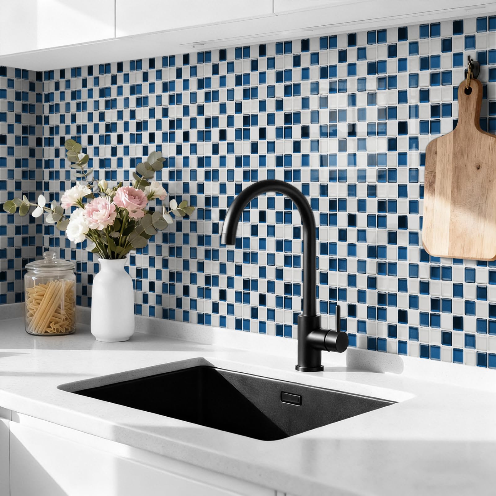 Adhesivos para Azulejos de 17x23 cm, Color Azul y Blanco, para baño y Cocina. Vinilo Autoadhesivo Impermeable y Resistente al Aceite, Ideal para la decoración del hogar.