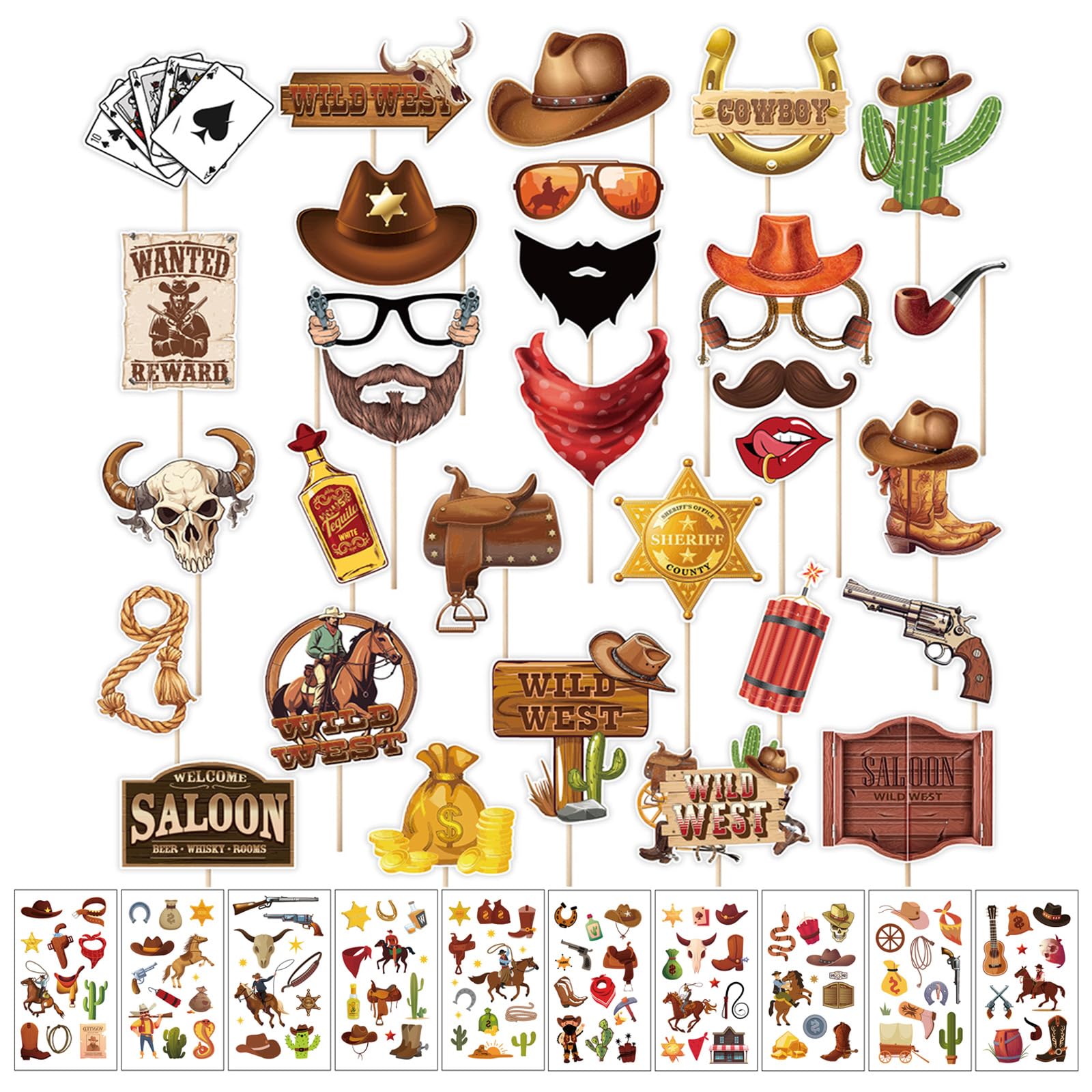KASESSS 30pcs Wild West Photo Booth Props with 10 Sheets Western Cowboy Temporary Tattoos, Western Cowboy Party Decorations for Birthday, Country Music Party, Halloween Wild West Theme Supplies