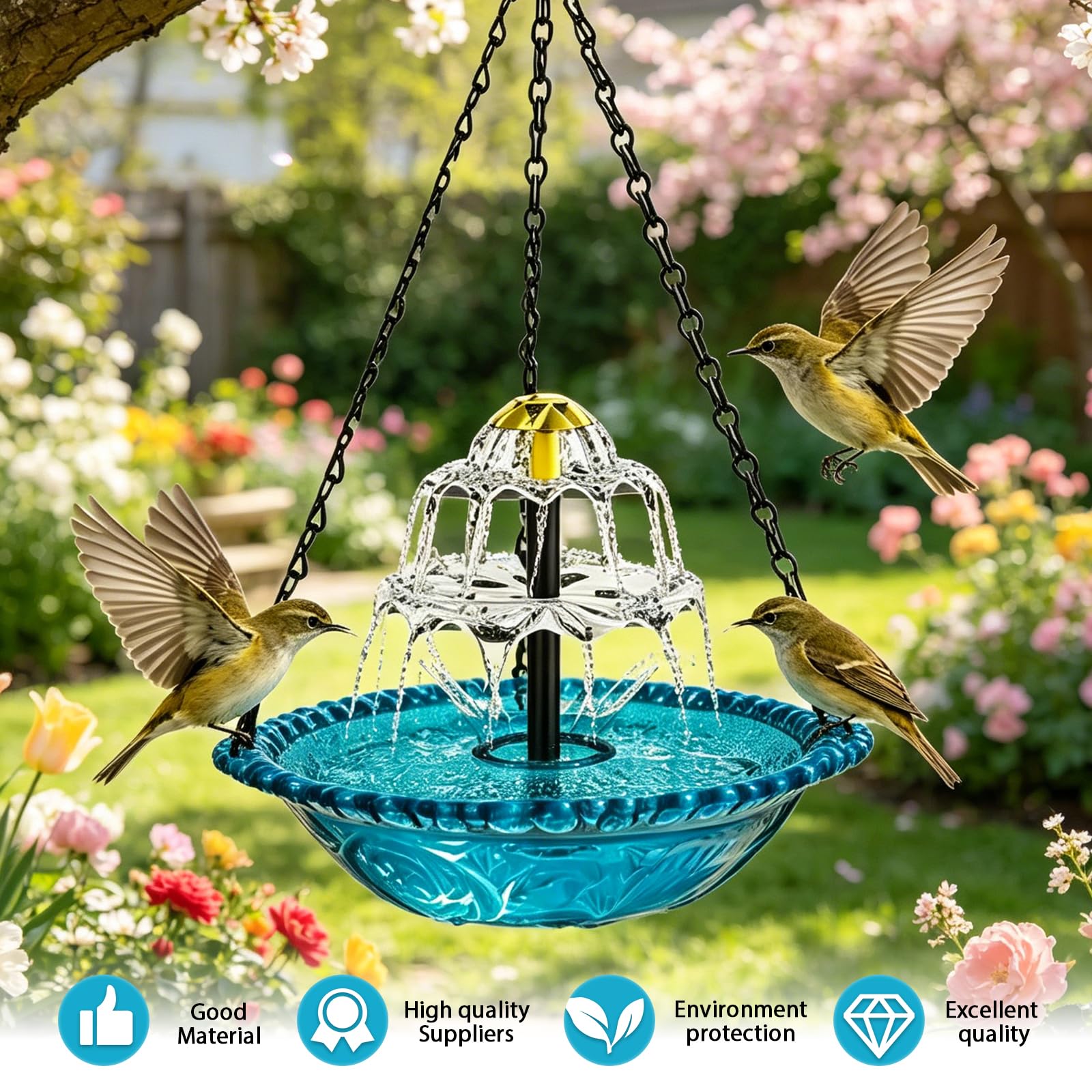 Bain d'oiseaux suspendu avec fontaine solaire, bain d'oiseaux à 3 niveaux avec eau courante, bain d'oiseaux solaire pour jardin, balcon, terrasse, bleu, chaînes en métal pour décoration et soin des
