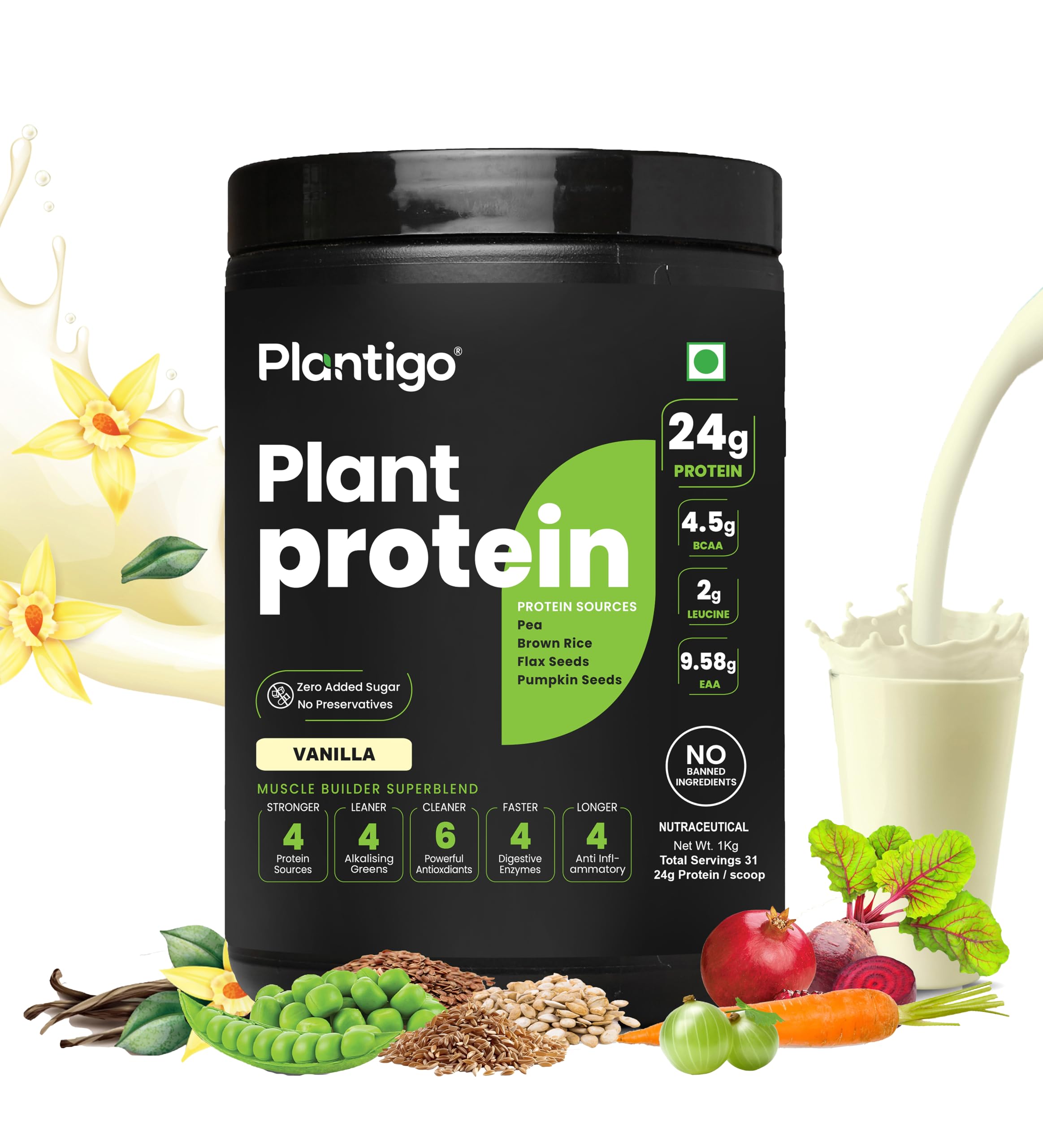 Plantigo Clean Plant Protein Powder | No Preservatives, No Banned Substances |21SuperFoods| Pea Protein, Brown Rice, Flax, Pumpkin | Vegan Green Protein Powder For Men, Women (Vanilla Flavor - 1 Kg)