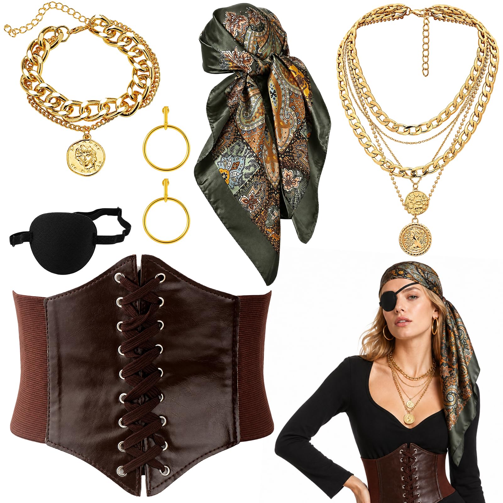 Kxsufwa 6PCS Pirate Accessories Women, Green Brown Halloween Costume Set