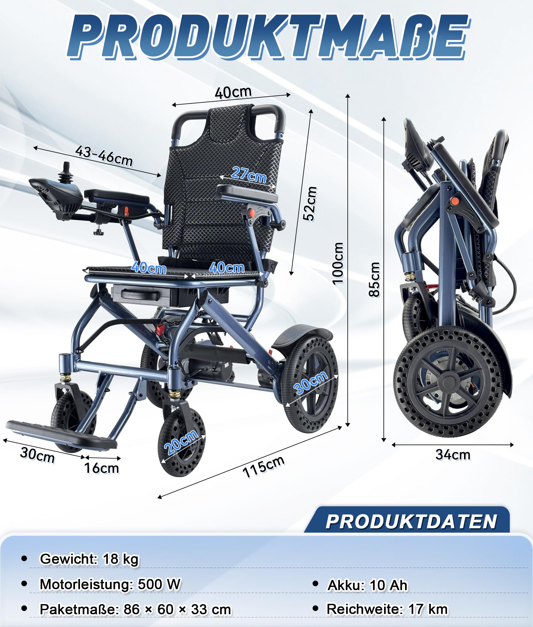 Silla de ruedas eléctrica plegable, capacidad de carga de 170 kg, silla de ruedas eléctrica ligera con doble control, motor de 500 W y freno electromagnético para personas mayores, batería de litio de
