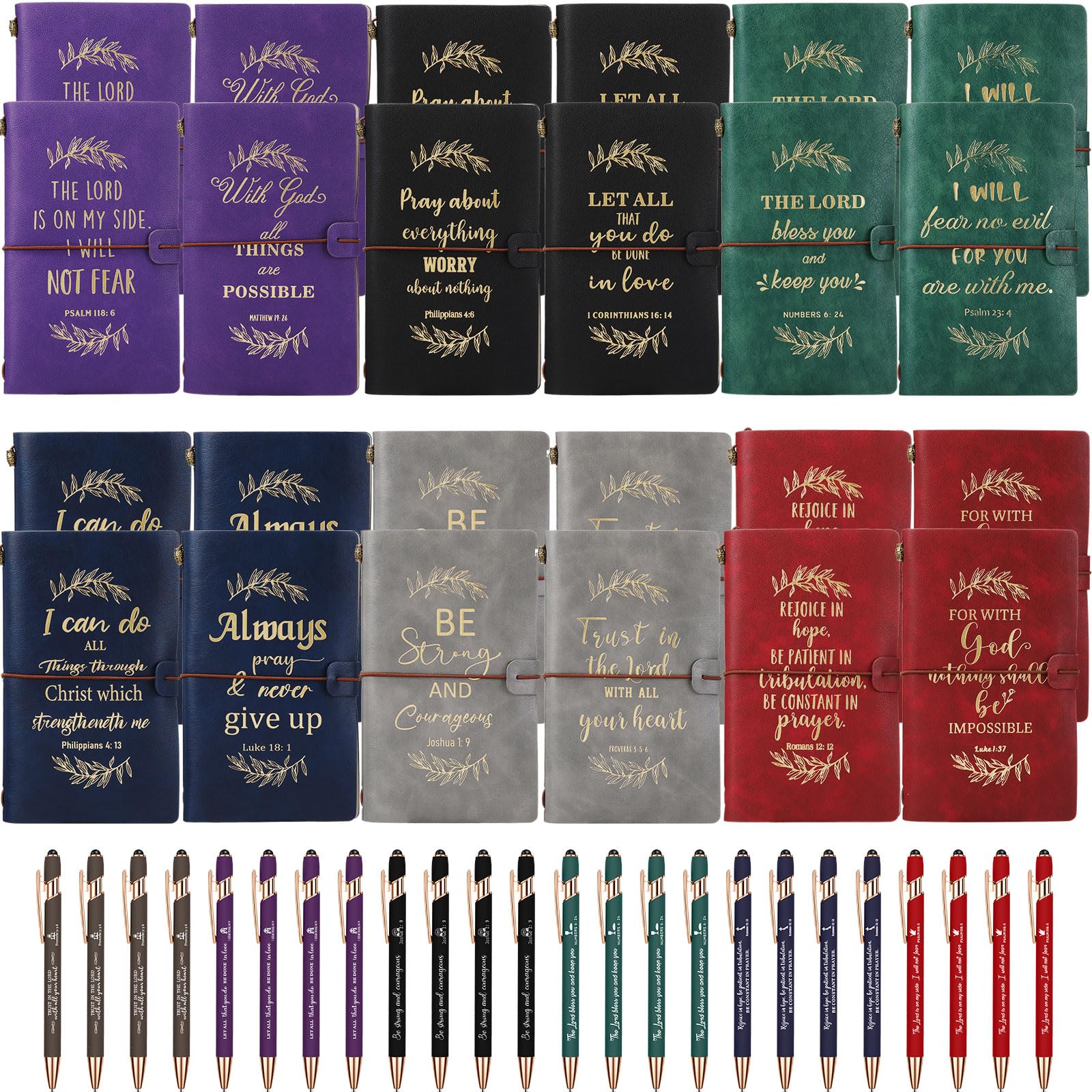 Gueevin 48 Pcs Christian Gift Bulk Leather Journal Notebooks and Bible Verse Pens Set Inspirational Quotes Bible Verse Pens Religious Employee Appreciation Gifts for Men Women Office Church Prayers