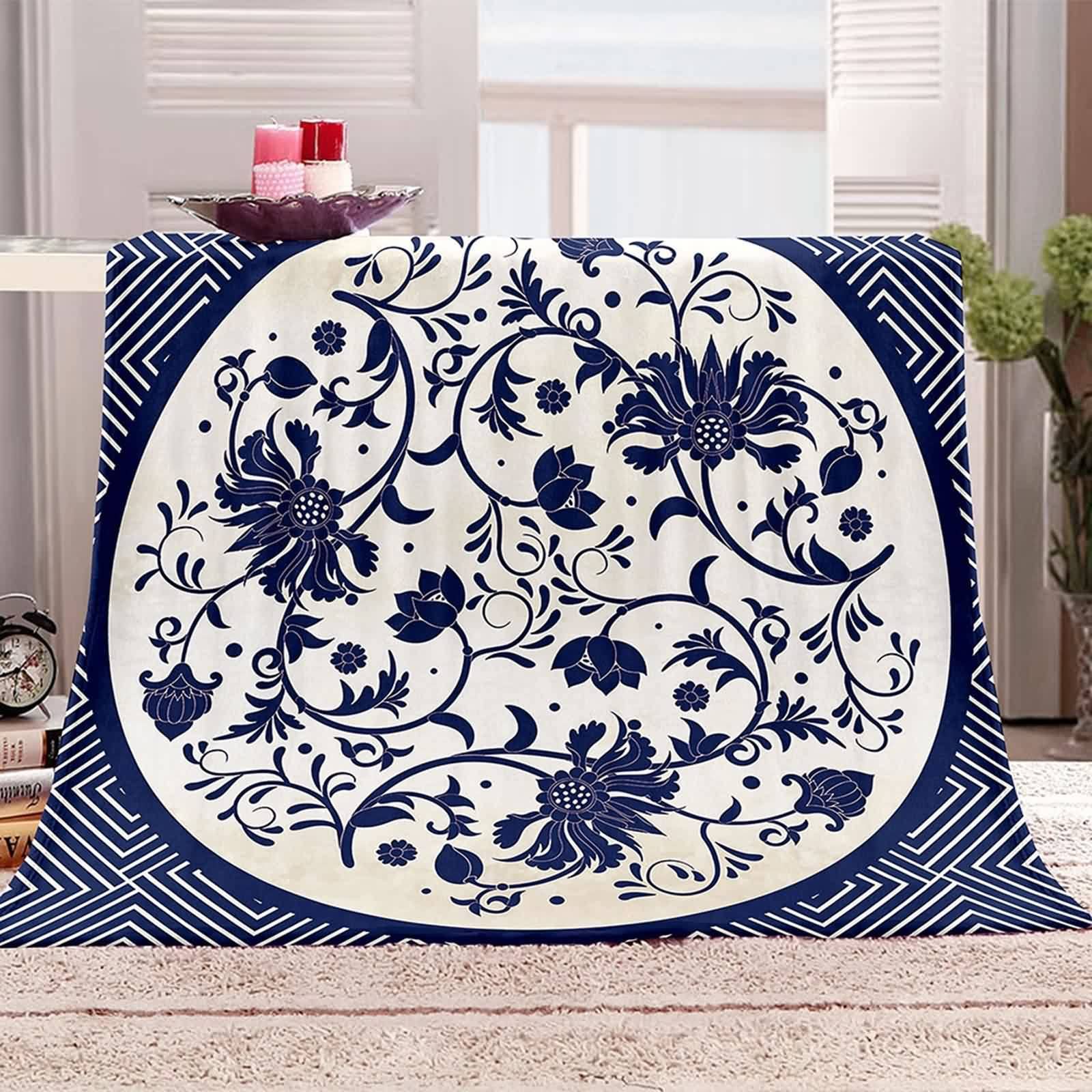 Coperta da tiro bohémien, grande per divani in flanella blu, motivo floreale, 150 x 200 cm, per letto, ufficio, auto, regalo morbido e caldo