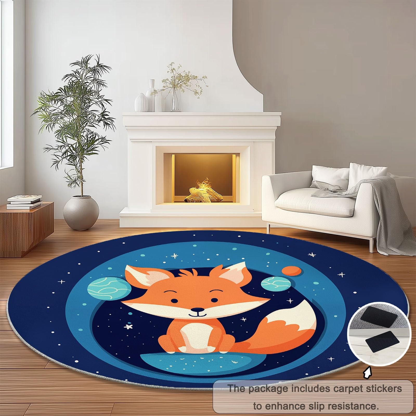 Generisch Waschbar Runder Teppich 120 cm, Dunkelblau Weich Kurzflor Runde Teppiche für Schlafzimmer Eingang Schmücken - Niedlich Cartoon Tier Fuchs Muster rutschfest Pflegeleicht Teppich