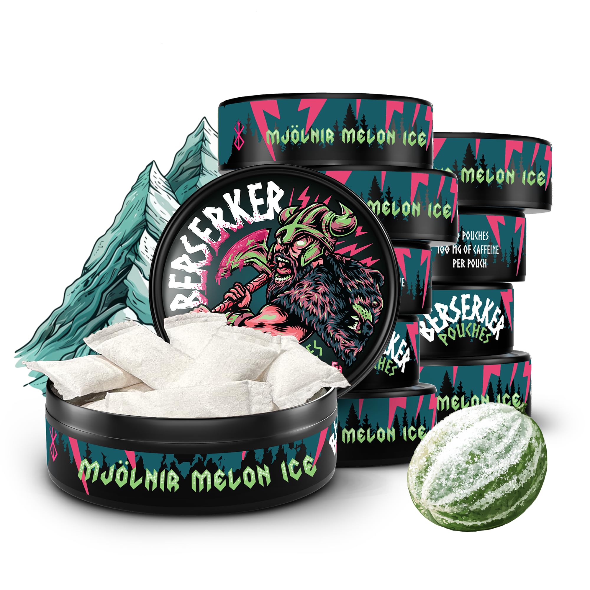 Berserker Energy Pouches - Mjölnir Melon Ice - Caffeine Infused - 100mg Per Pouch - 10 Pack - Tobacco & Nicotine Free - Energy Drink Replacement