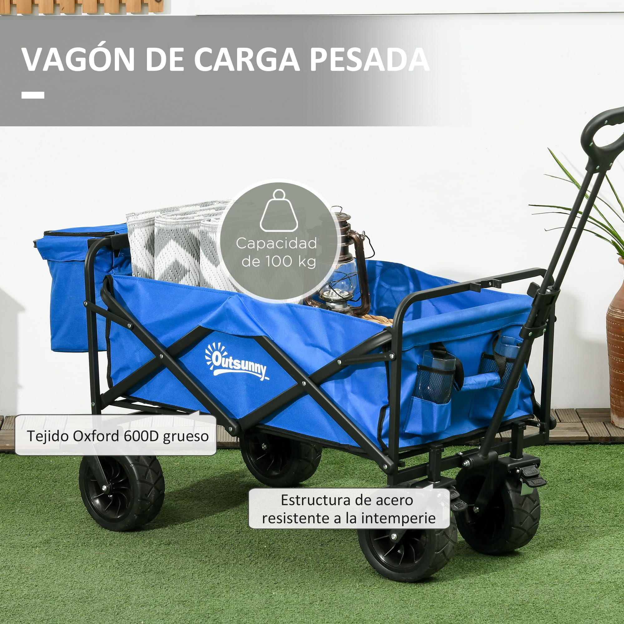Outsunny Carro Plegable con Ruedas Grandes con Bolsa Térmica Desmontable Carro para Playa con Longitud y Ángulo del Mango Ajustables y Bolsa Transporte Carga 100 kg para Compra Jardín Exterior Azul