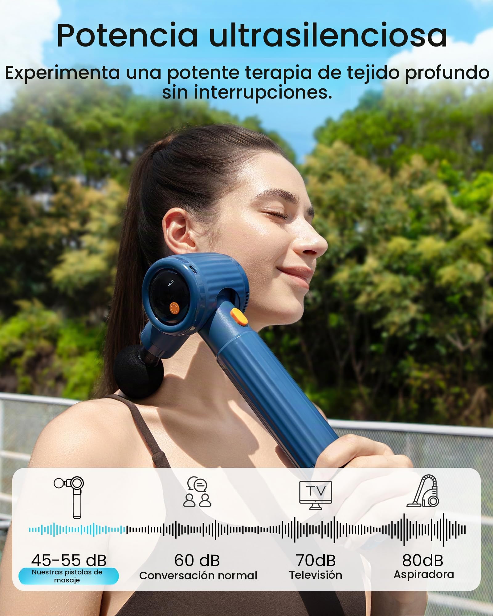 Pistola de Masaje Muscular,Napre Pistola Masaje Muscular con Mango Largo y 3 ángulos Ajustables,Massage Gun Pistola Masajeadora,6 Cabezales y Pantalla LED,Masajeador Muscular Cervical y Espalda,Azul