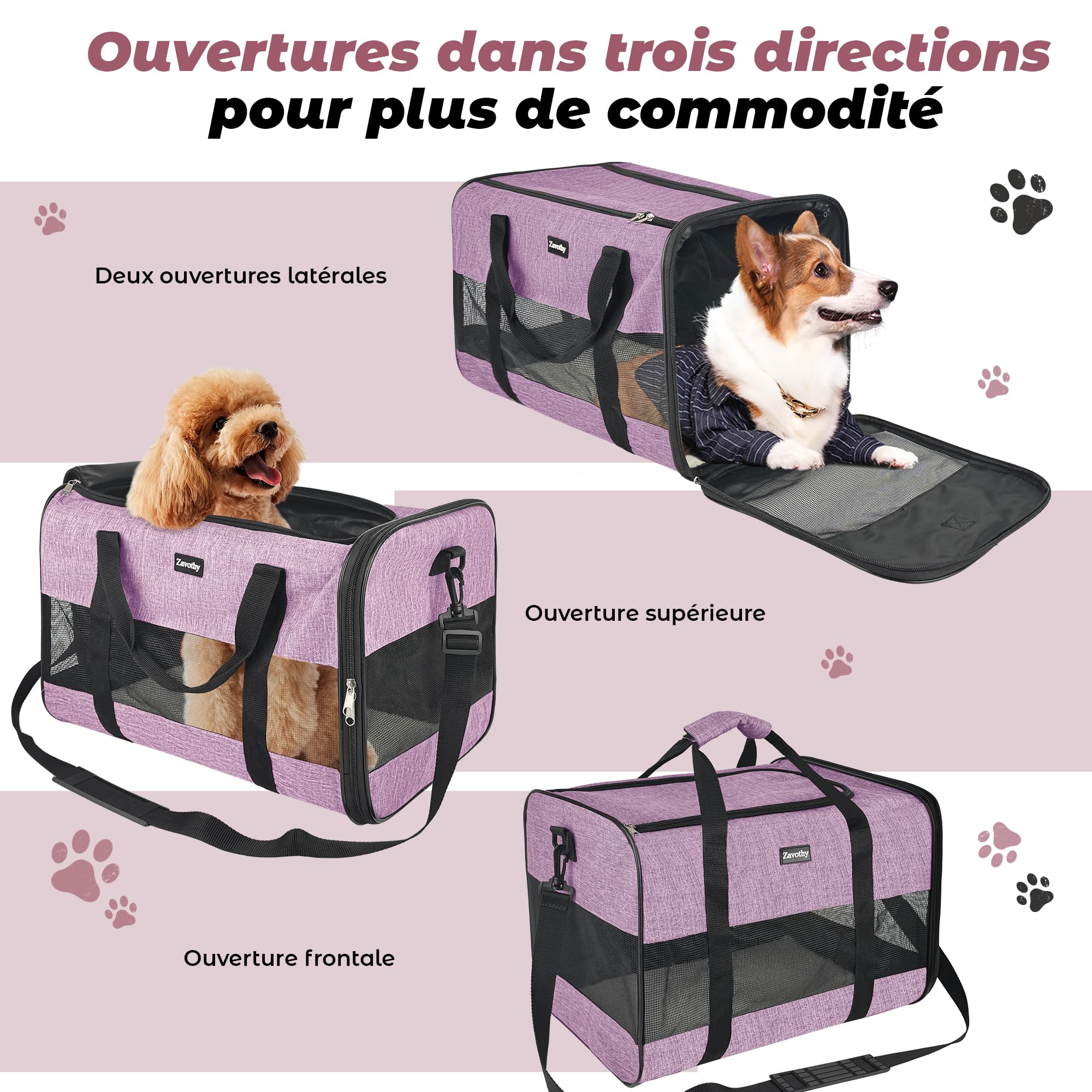 Zavothy Borsa per il trasporto per gatti e cani, borsa per il trasporto, traspirante e pieghevole, trasportino per gatti con tracolla regolabile, materasso in peluche rimovibile (viola, L)