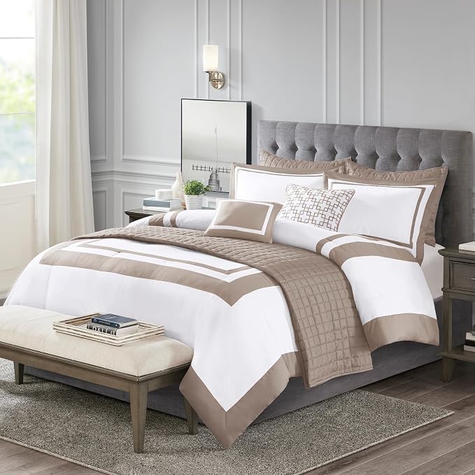 Madison Park Comforter Set and Quilt Combo, Chic Hotel Bedding Queen/Full Size Comforter Sets, Heritage Soft Microfiber, Quilted Coverlet, Shams, Throw Pillow, King/Cal King, Taupe 8 Piece