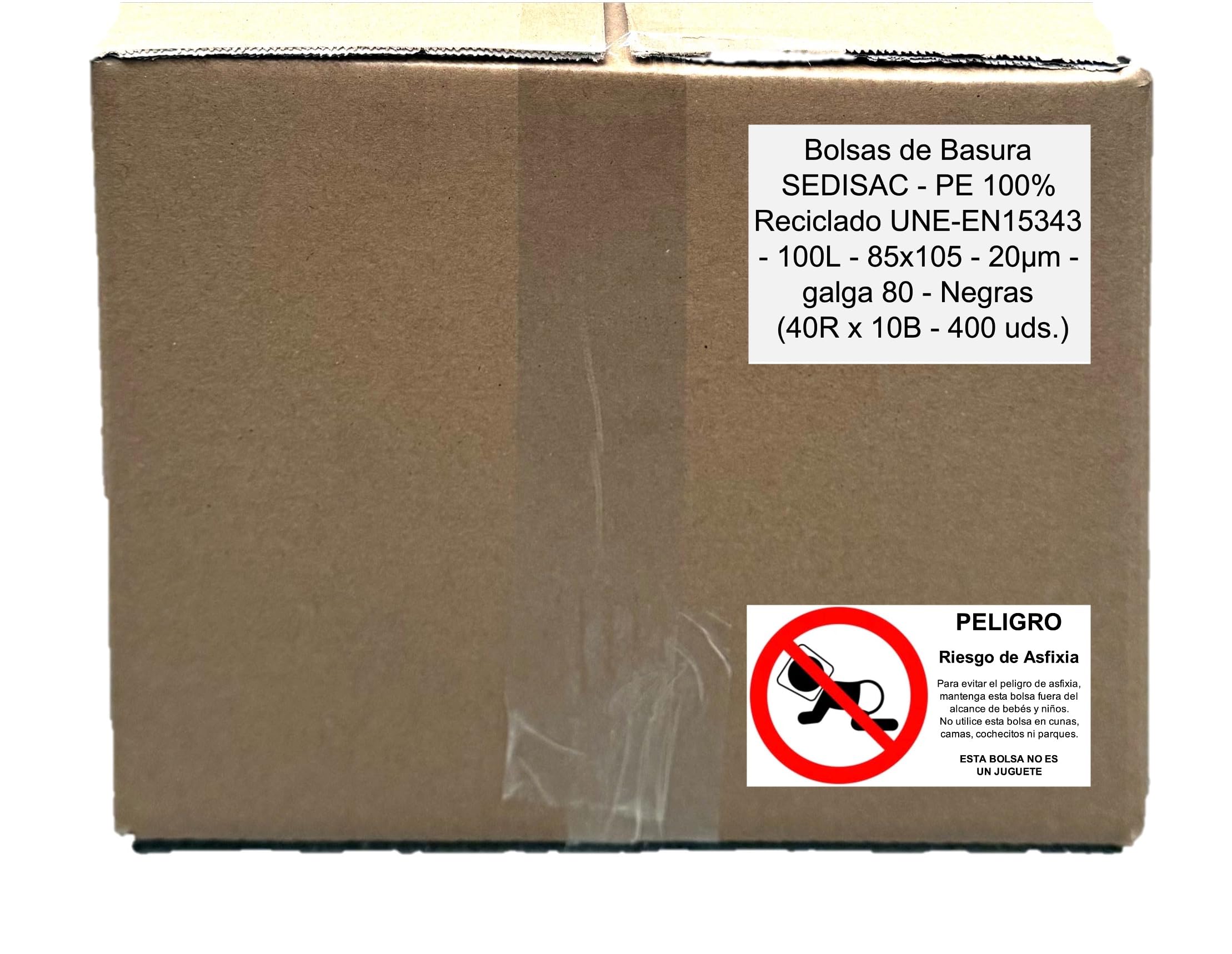 ★400 Bolsas de Basura SEDISAC PE 100% Reciclado UNE-EN15343 100L 85x105 20µm galga 80 Negras. (400 uds.) GTIN 8437027548420 Contribución al SCRAP, RD 1055/2022. ENV/2025/54349, con 0,015 €/Caja.