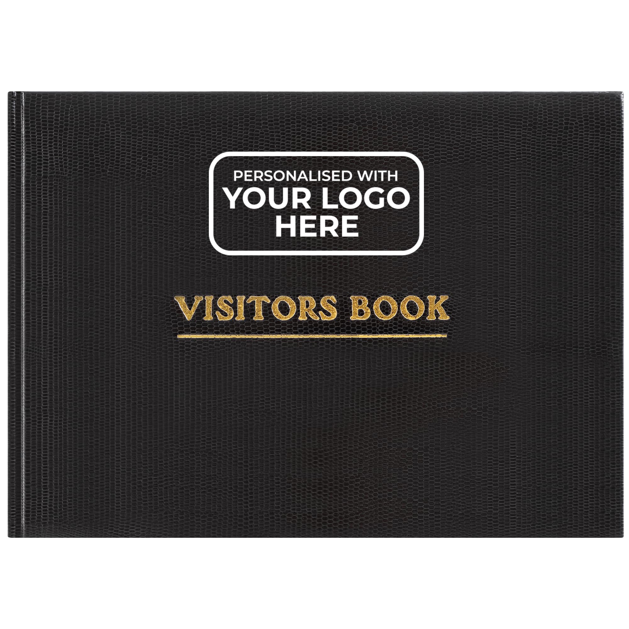 Arpan Personalised Visitor Book – Guest Register for Business, Office, Schools & Hotels | Visitors Book Hardback, Sign in and Out, Comments Book & Personalised Guest Book (Black - Custom Logo)