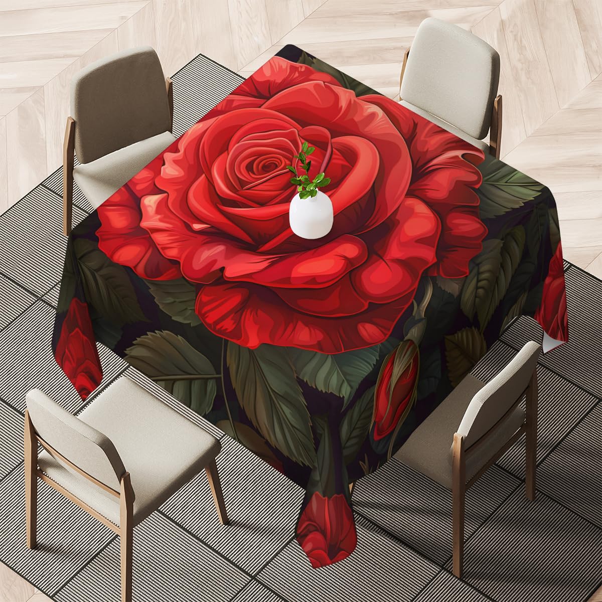 CNNINGYI Square Tablecloth - 52 x 52 Inch Table Cover, Spring Red Rose Floral Washable Dust-Proof Wrinkle Resistant for Restaurant, Picnic, Dining,