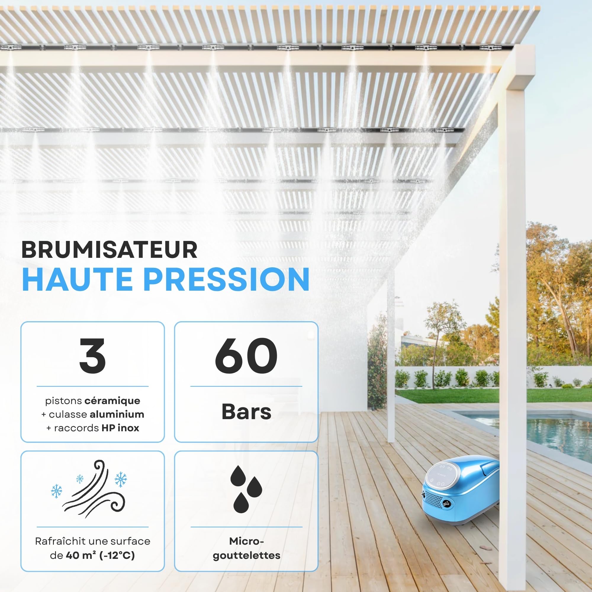 O’FRESH Brumisateur Terrasse Extérieur Haute Pression 60 Bars 14 Buses - Kit Brumisation Terrasse et Jardin - Surface jusqu’à 40 m² - Rafraîchissement Instantané - Télécommande - Conçu en France