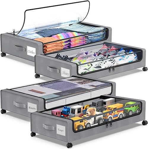 Almacenamiento debajo de la cama con ruedas, paquete de 4 contenedores de almacenamiento debajo de la cama con tapas y cremalleras transparentes,