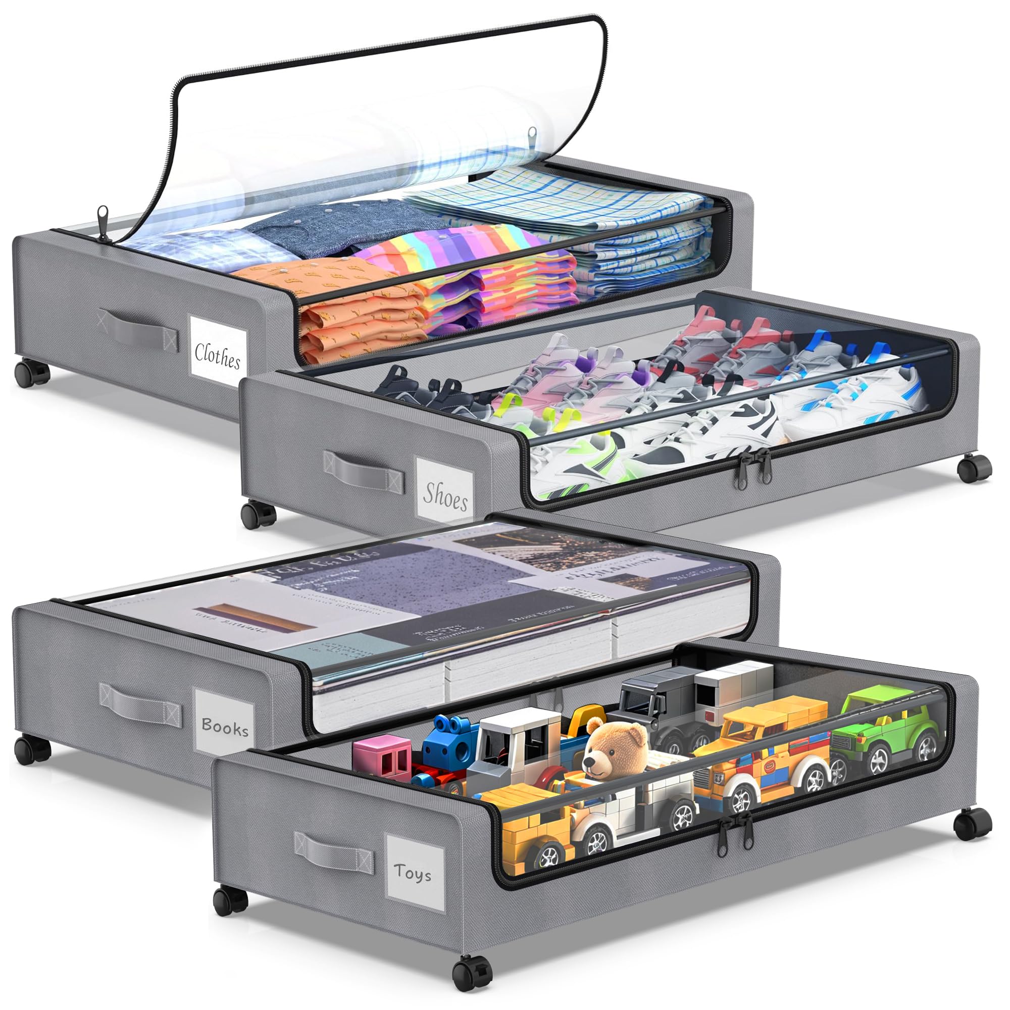 Photo 1 of Molutsody Under Bed Storage with Wheels, 4-Pack Underbed Storage Containers with Clear Lids, Under Bed Shoe Storage Organizer, Rolling Under Bed Storage for Clothes Shoes Blankets (Grey)