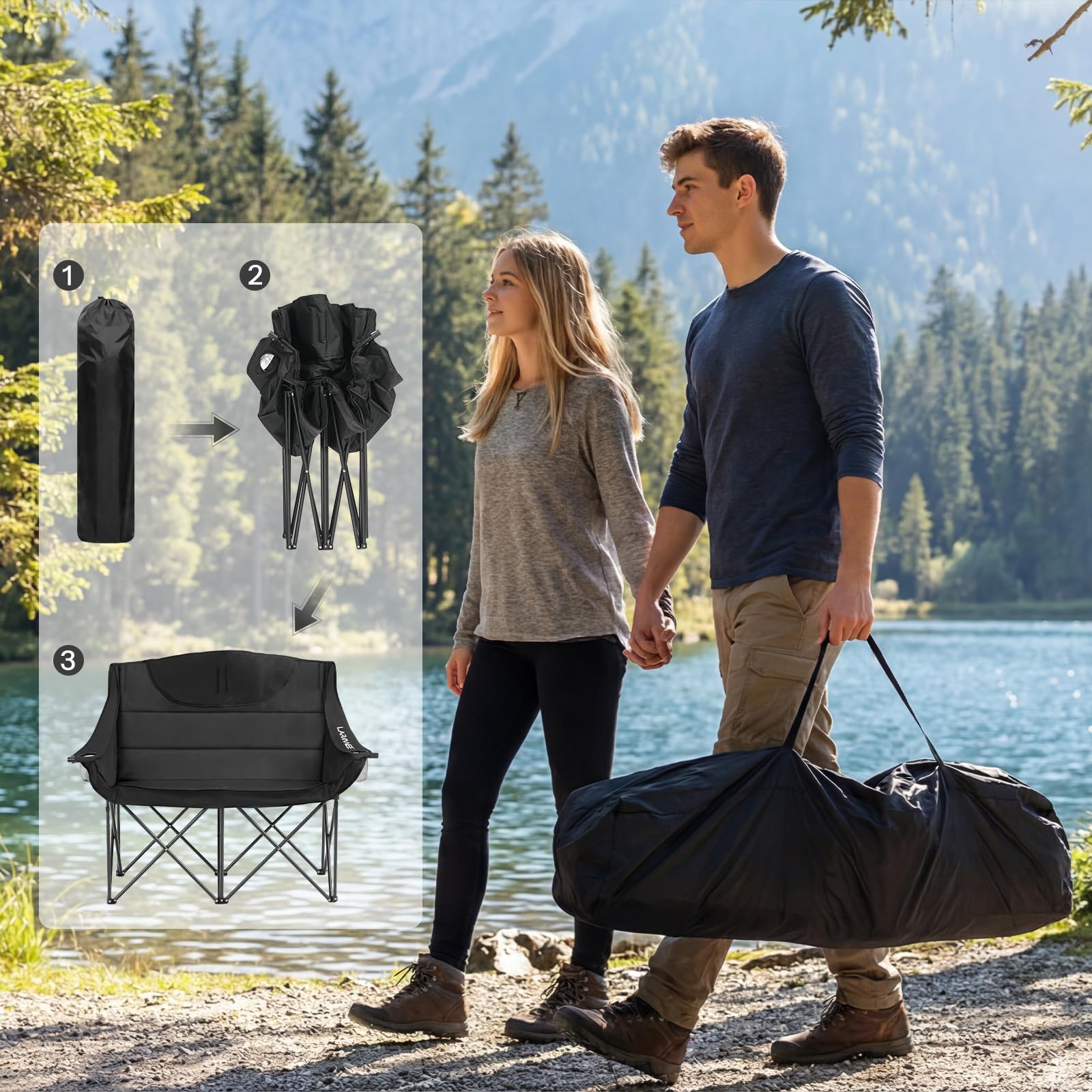 LARMNEE Divano da Campeggio Pieghevole XXL 2 Posti con 2 Portabicchieri, Sedia da Campeggio per 2 Persone Larga 50 cm, Poltrona da Esterno, Portata 200 kg, Seduta Imbottita, Nero EBK03LC02