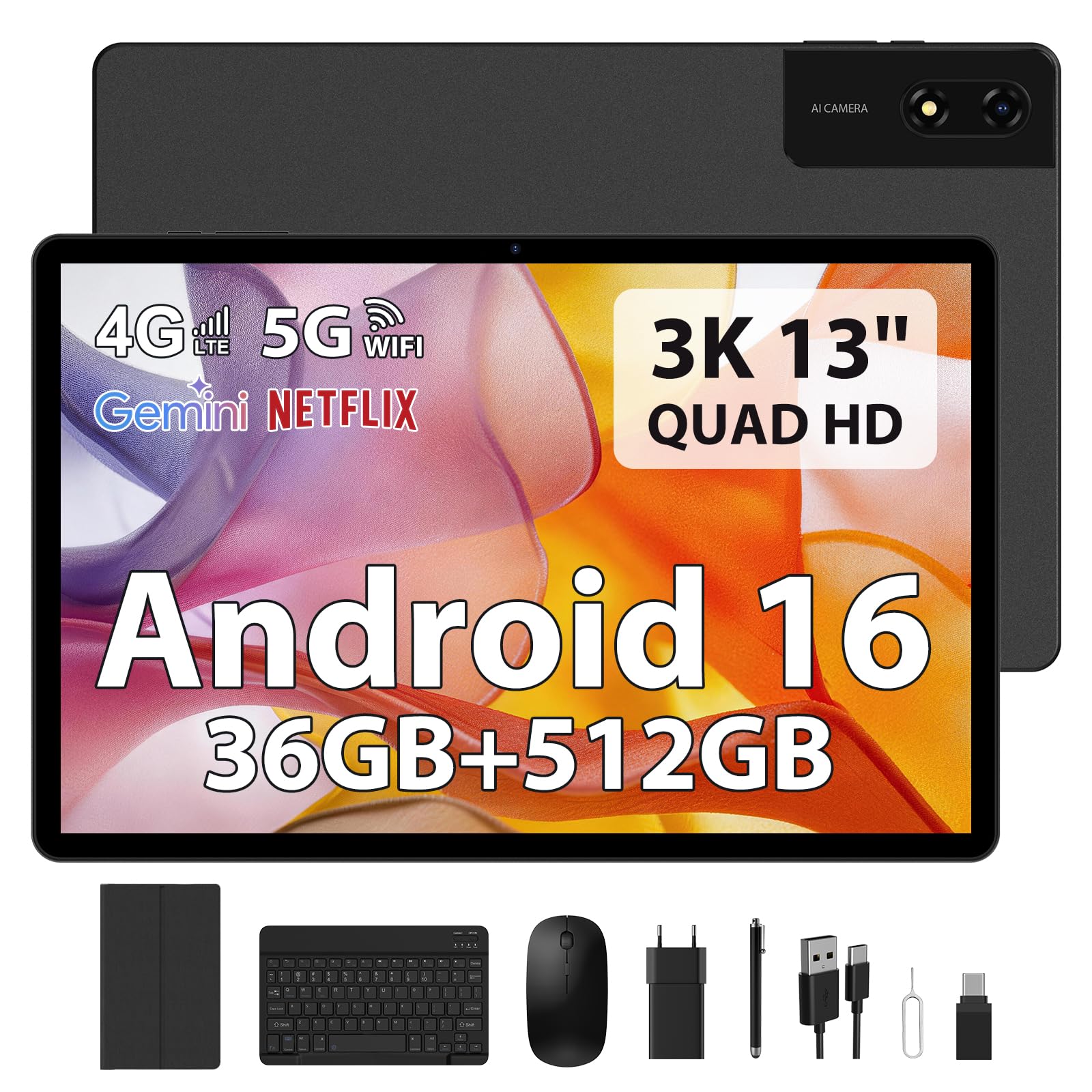 FLYCOAY Android 16 Tablet 13 Pulgadas Gemini AI Octa-Core 2.2GHz/36GB RAM+512GB ROM(TF 2TB) FHD 2944 * 1840, 11580mAh/4G LTE+5G WiFi/Widevine L1/BT5.0/GPS/Tablets con Teclado y Lápiz, Negro