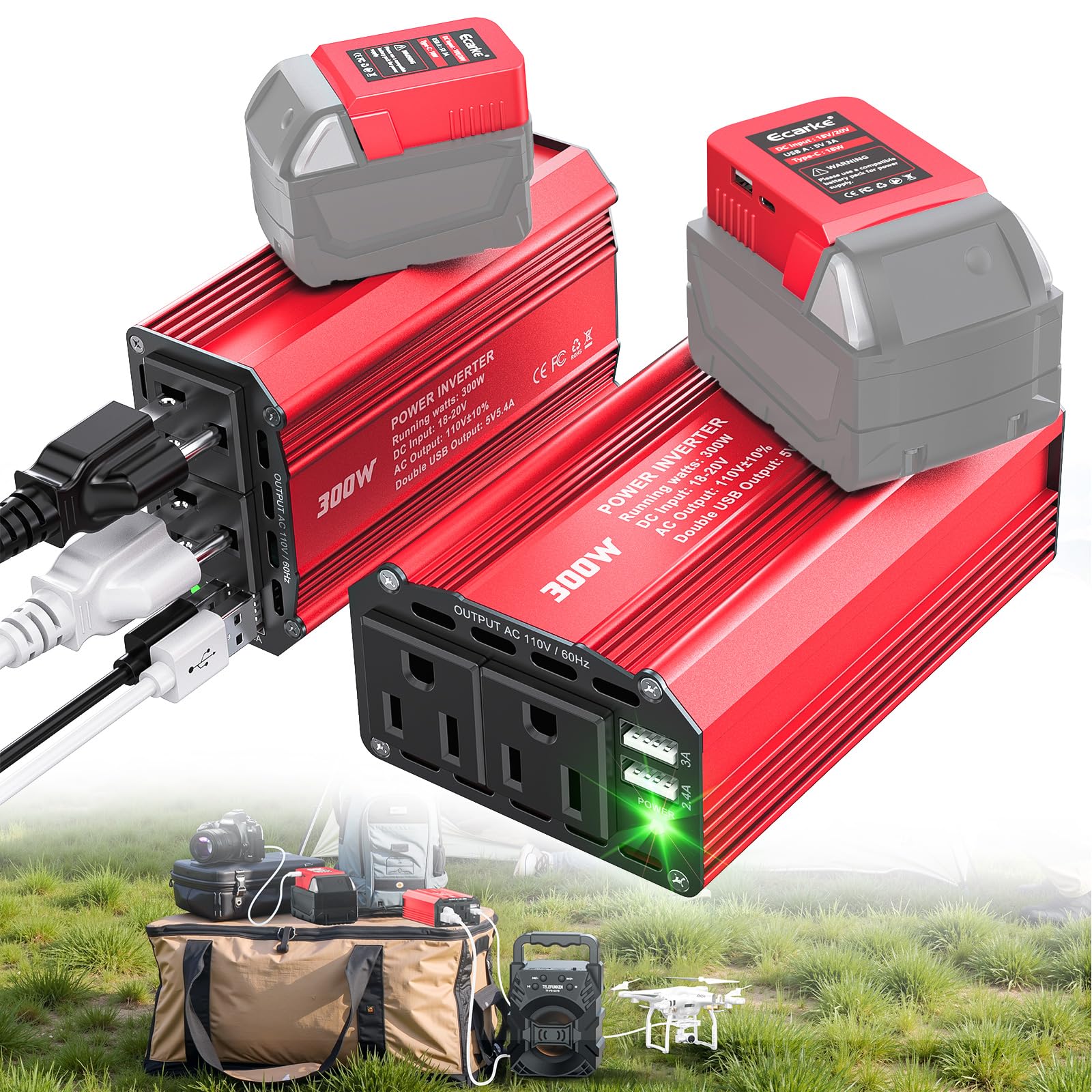 Ecarke 300W Portable Power Inverter Compatible with Milwaukee 18V Battery, DC 20V to AC 110V Power Station with 2 AC Outlets, 3 USB Ports &amp; 1 Type-C 18W, for Camping RV Emergency (No Battery)(2-Pack)