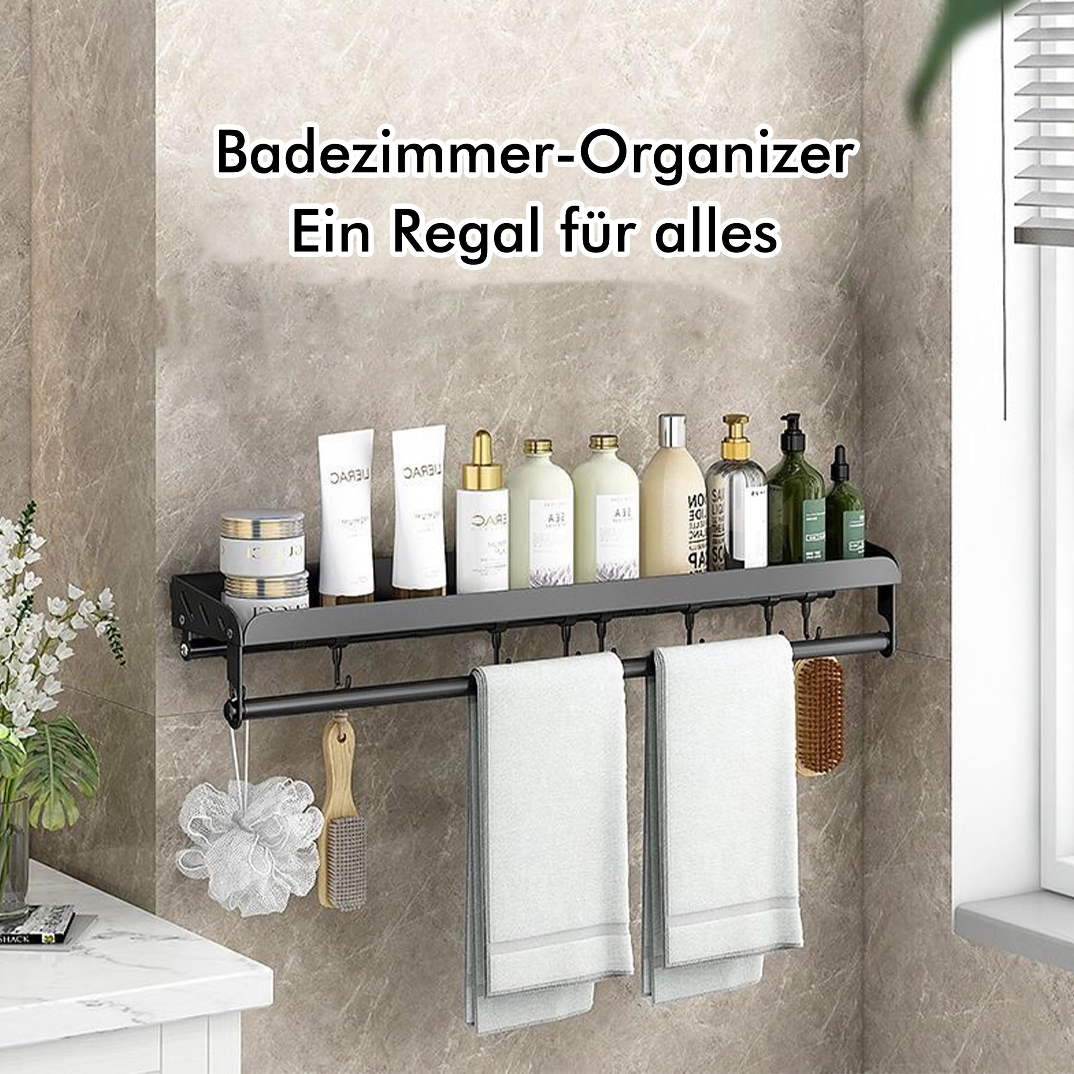 Gewürzregale Wand, Gewürzregal mit Küchenrollenhalter und 8 Haken, 40cm Gewürzregal Hängend, Küchenregal Ohne Bohren aus Edelstahl, Küchen Gewürzregale für Küchen und Bad Organizer, Schwarz(R05)