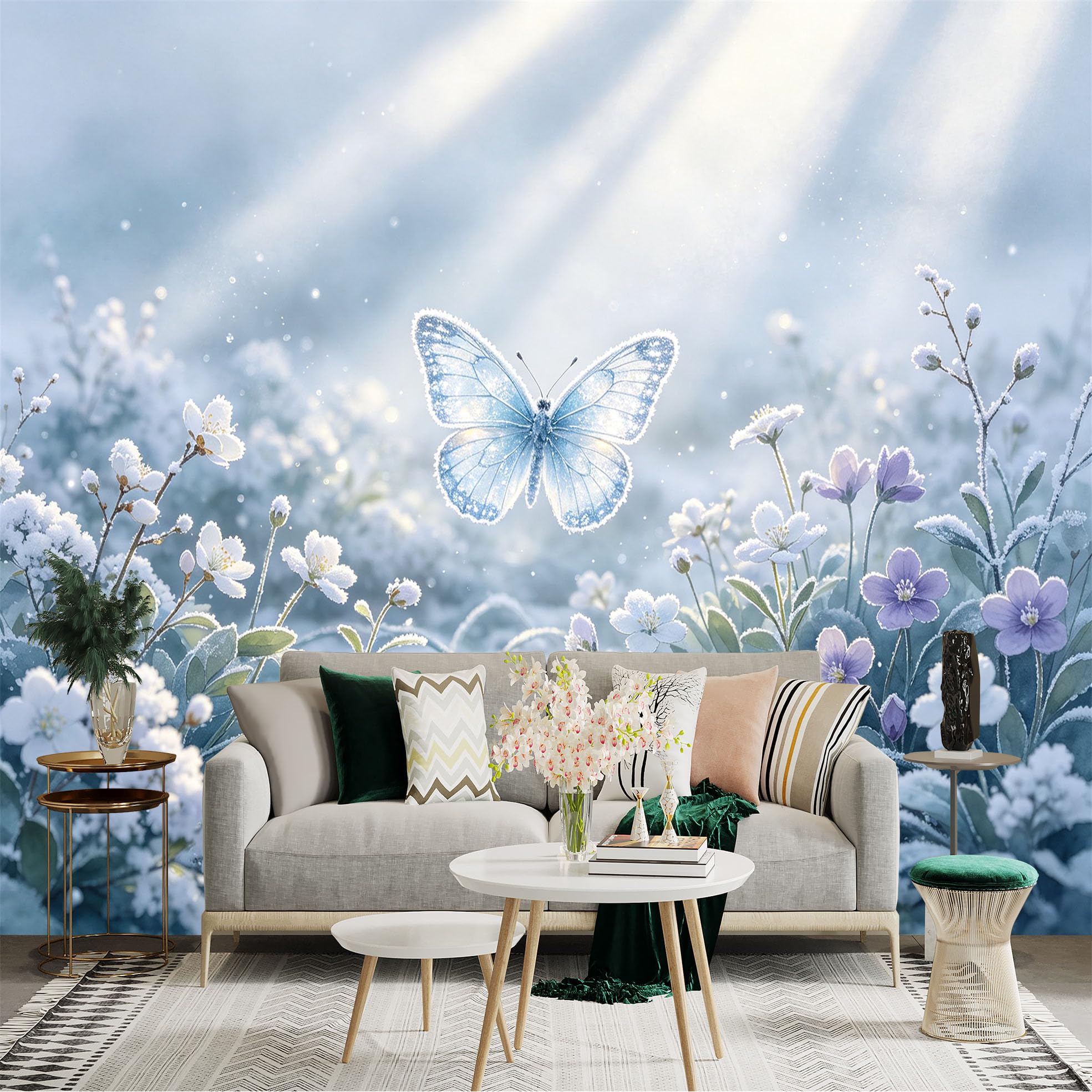 Lnzczhyre Bh260719799 Custom Size Wall Sticker Mural， Blue Butterfly In Frosty Winter Meadow， Sunlit Snow Flowers， Ethereal Nature Art， For Wall Decoration， Peelandstick Wall Decals.