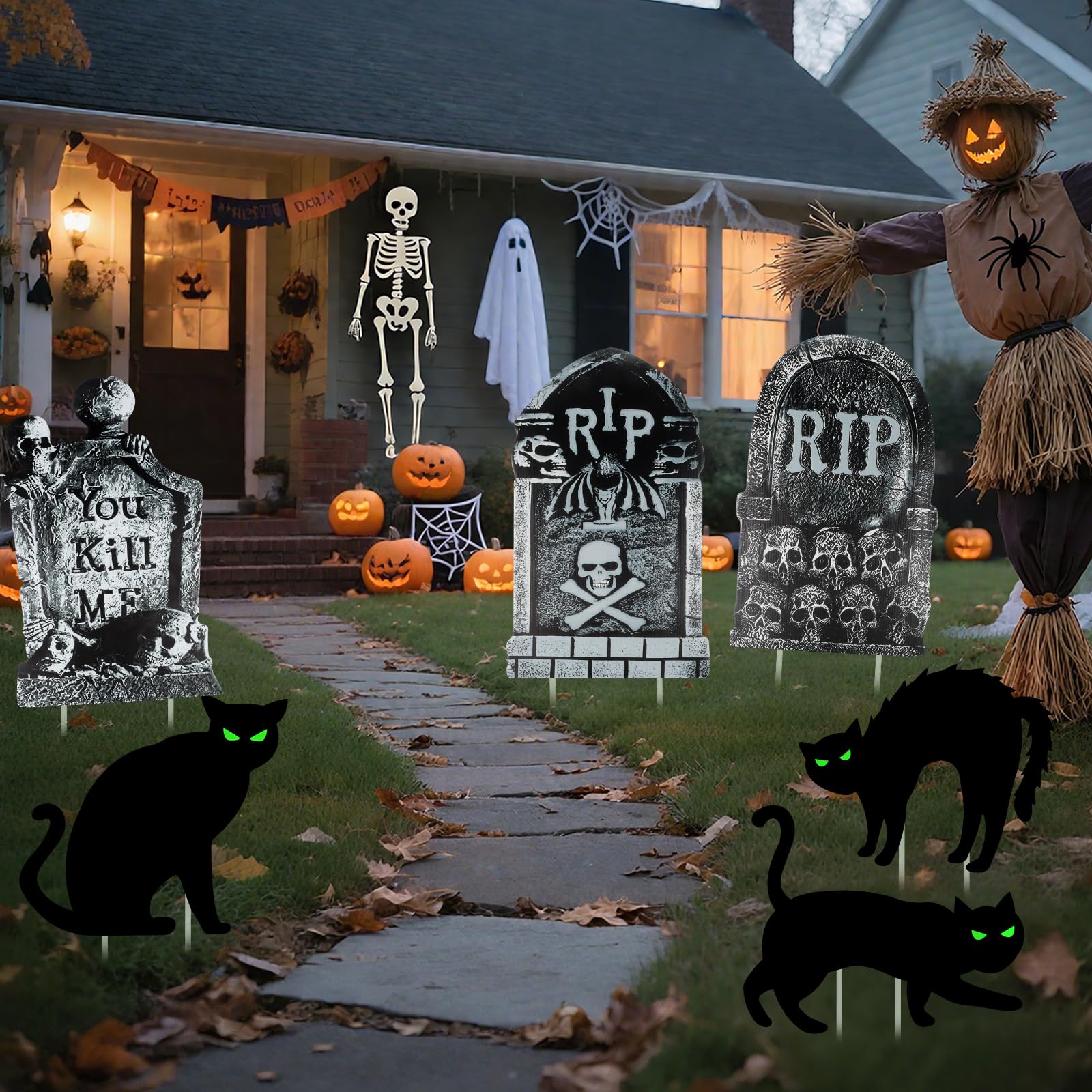 Fanggu 3 Piezas de Lápidas de Halloween RIP y 3 Piezas de Adornos Luminosos con Forma de Gato Negro Adornos Terroríficos de Lápidas de Halloween Waterproof Outdoor Garden Decorations
