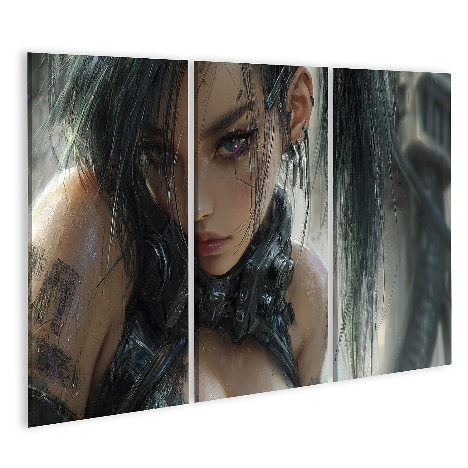 islandburner Quadro su tela Affascinante Cyberpunk Donna Murale per il soggiorno Per gli appassionati di fantascienza - 3 pezzi