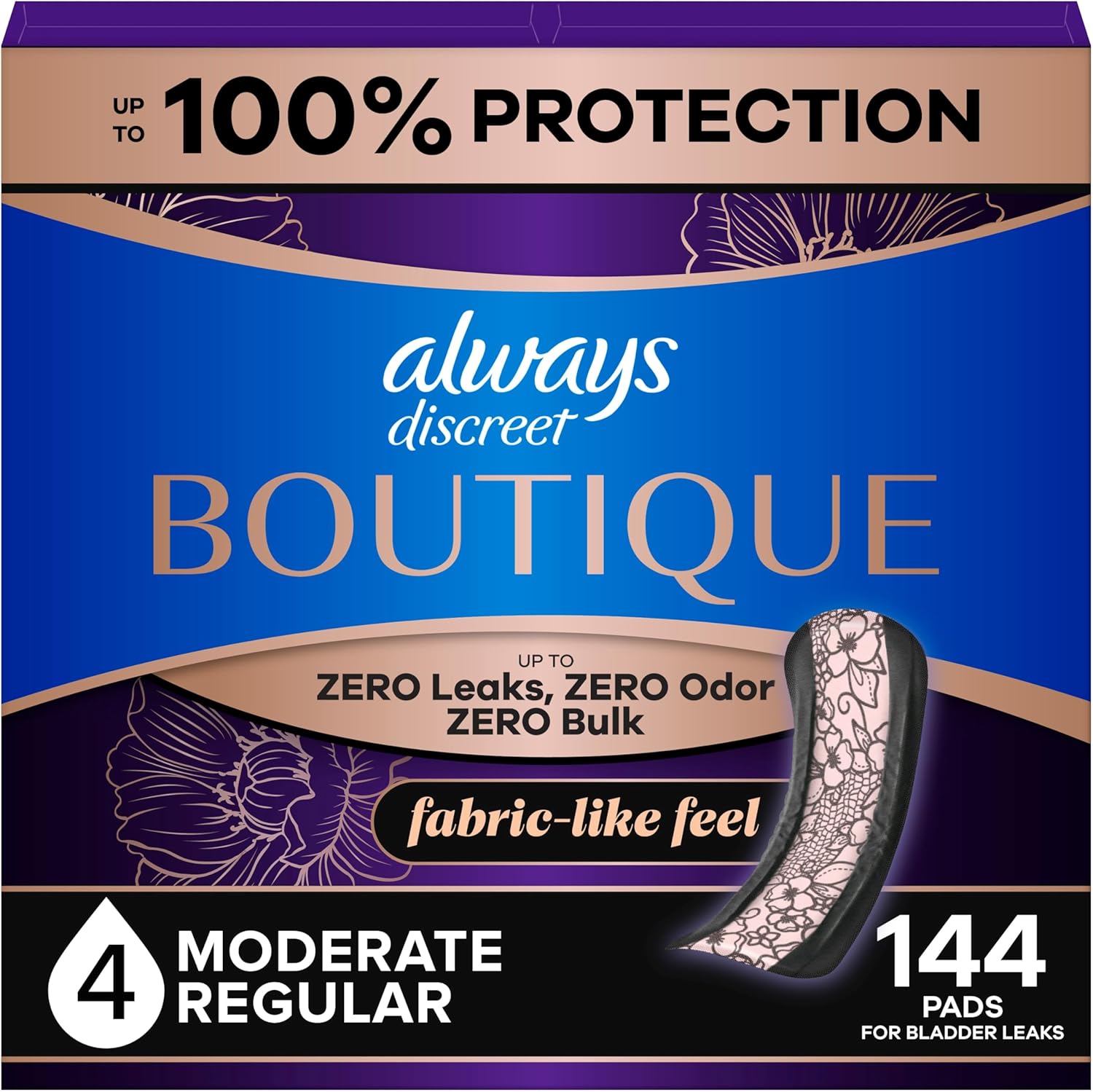 Always Discreet Boutique Incontinence Pads, for Bladder Leaks, Moderate Absorbency, Regular Length, 144 Count (3 Packs of 48)