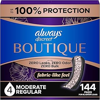Boutique Incontinence Pads, for Bladder Leaks, Moderate Absorbency, Regular Length, 144 Count (3 Packs of 48)