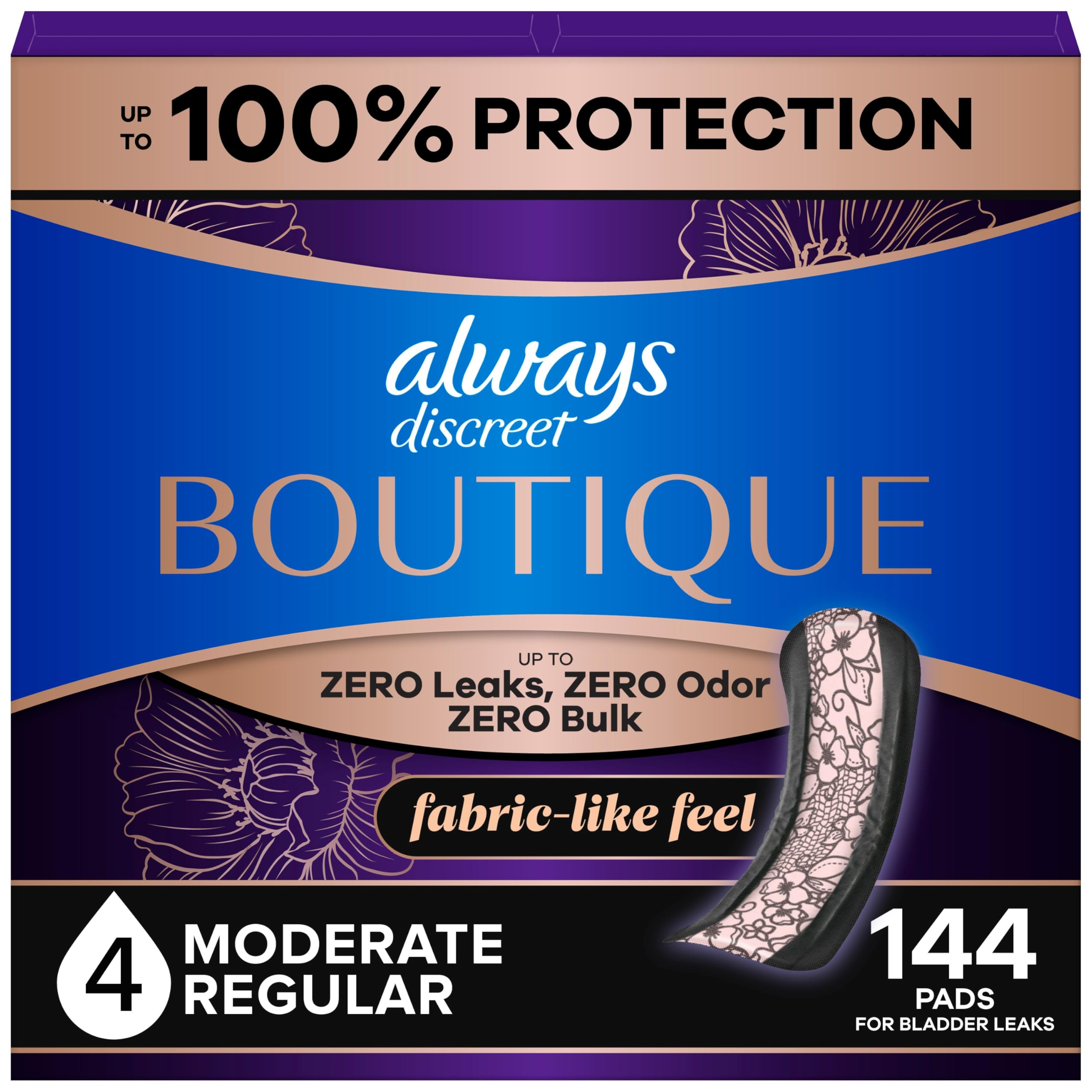 Always Discreet Boutique - Assorbenti per incontinenza e post-partum per donne, taglia 4, assorbenza moderata, lunghezza regolare, 48 pezzi x 3 confezioni (144 pezzi totali) (la confezione può