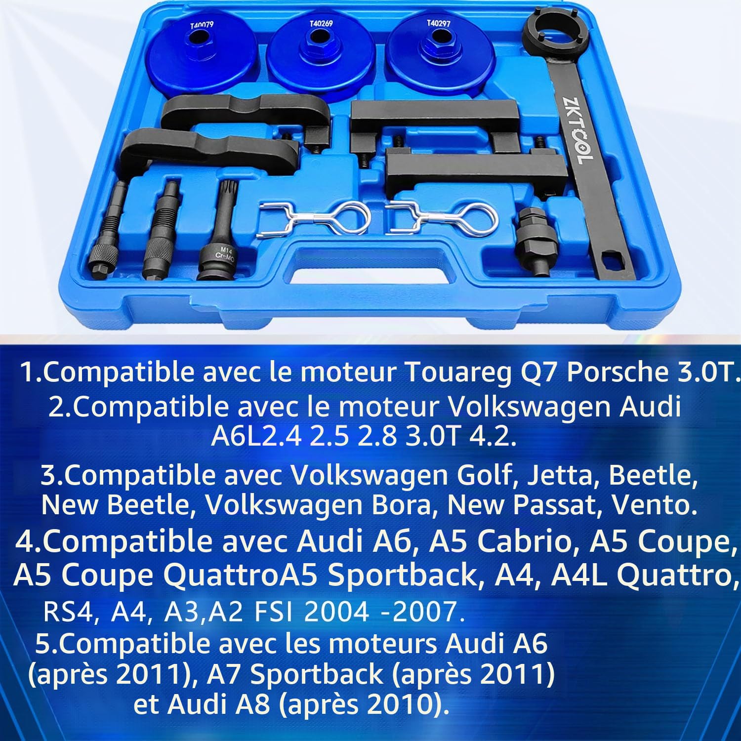 ZKTOOL Kit d'Outils de Calage d'arbre à Cames de Réglage du Moteur, Compatible avec Audi VW A6L 2.4 2.5 2.8 3.0T 3.2 4.2 Touareg Q7 Porsche 3.0T OEM T40070 T40071 T40069 T40058 T40269 T40133