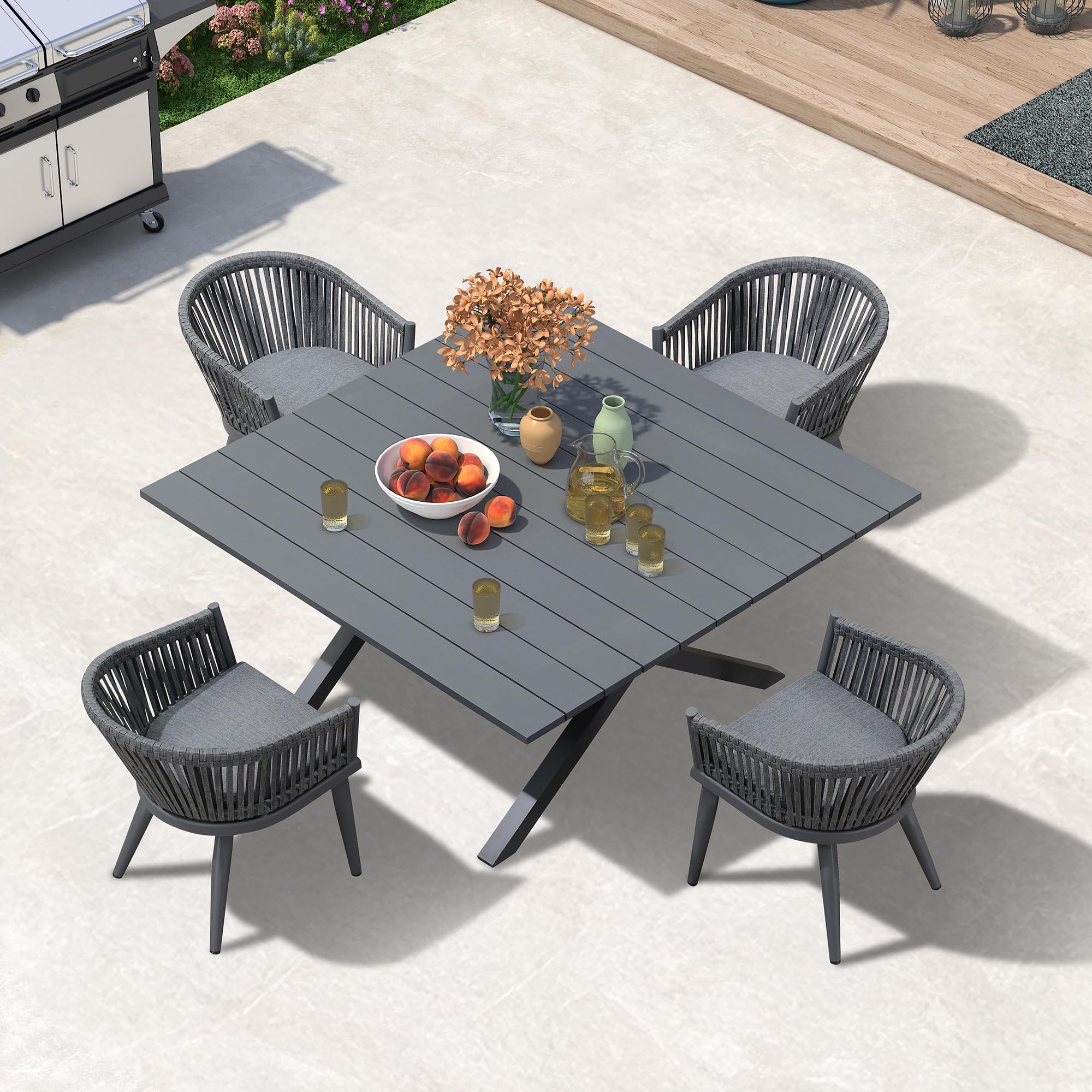 PURPLE LEAF 5 Pieces Outdoor Dining Set with Cushion Square Table, Grey