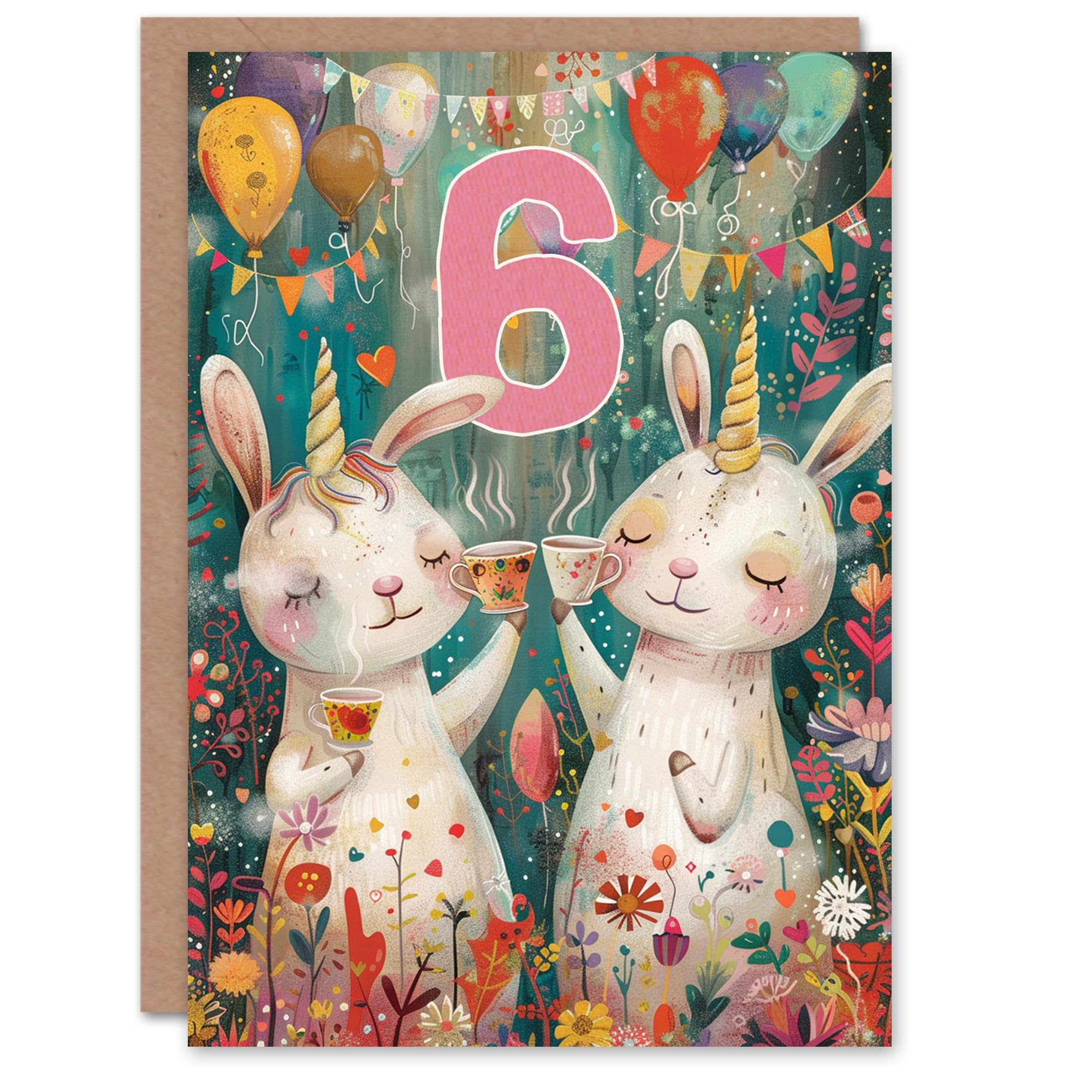 Artery8 Birthday Card Cute Bunny Rabbit Unicorn Balloons Forest Party 6th 6 Year Old For Child Kids Son Daughter Greeting Card